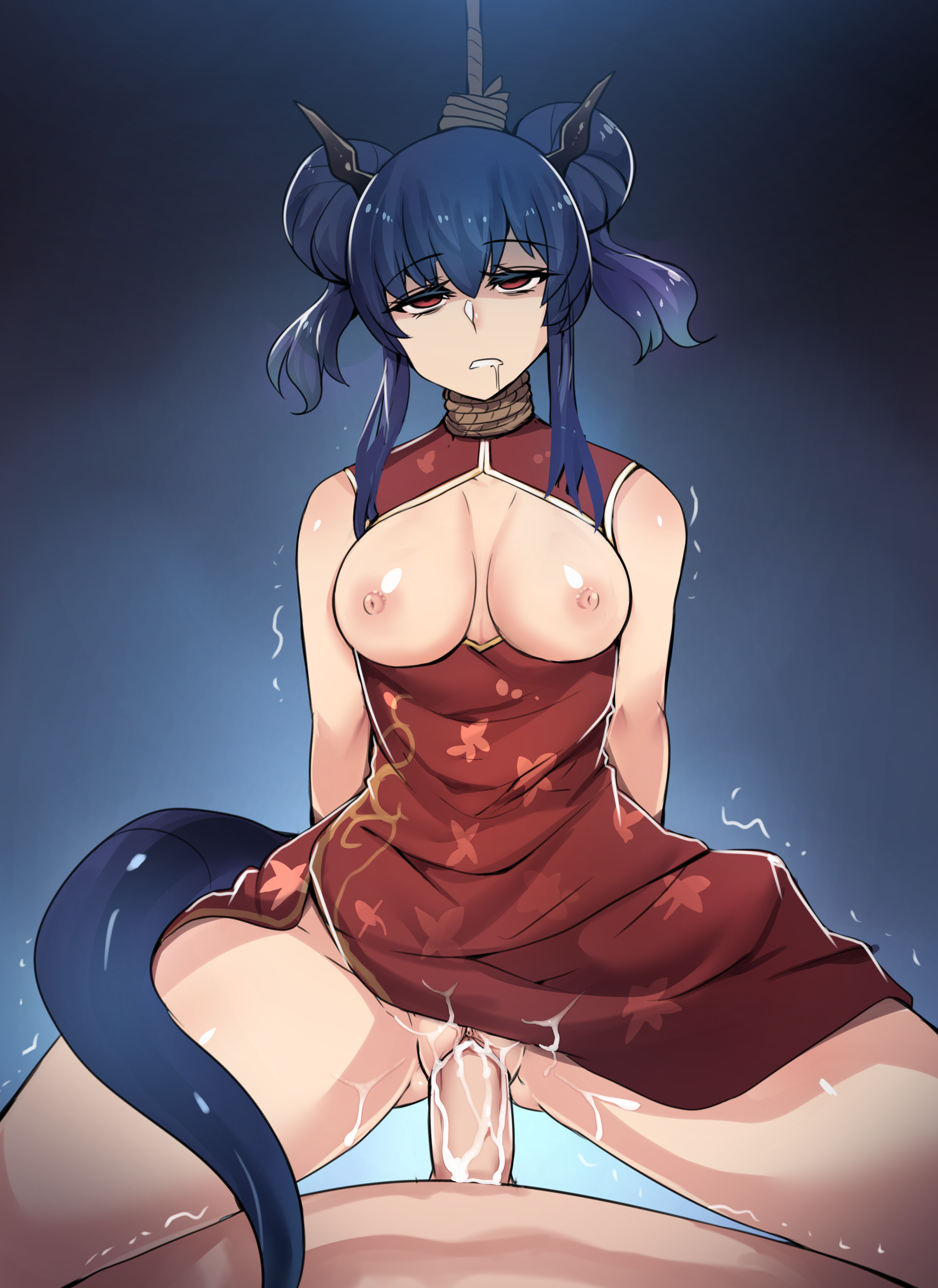 1girls, arknights, asphyxiation, blue hair, breasts, breasts out, ch'en (arknights), chinese clothes, clothed female nude male, clothed sex, clothing, corpse, cowgirl position, cum, cum in pussy, cum inside, death, dress, drooling, empty eyes, female, female death, gore, guro, hair bun, hanged, horn, kurohime (artist), large breasts, male, necrophilia, nipples, noose, penis, pussy, red eyes, rope, sex, snuff, straight, tail, vaginal penetration