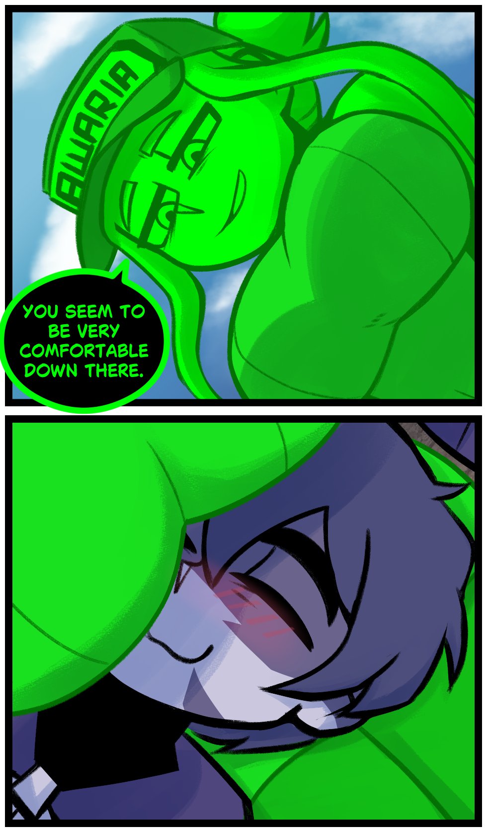2girls, awaria, baseball cap, breast smother, breasts on face, comic, cutwire1, female, female only, female/female, ghost girl, huge breasts, low-angle view, oseroplus, ula usterka, yuri