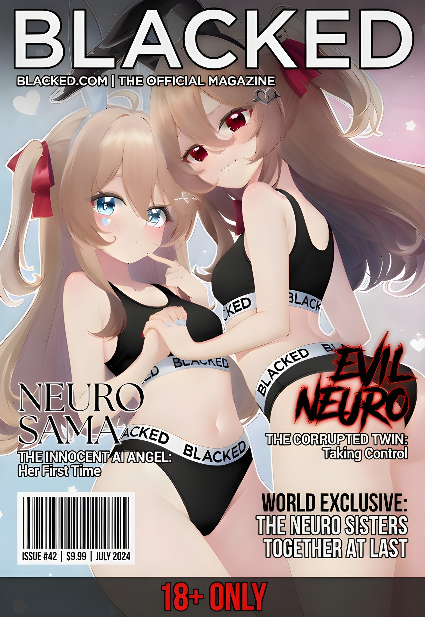 2girls, blacked, blacked clothing, blue eyes, bunny ears, evil neuro, heart, holding hands, magazine, neuro-sama, red eyes, text, virtual youtuber, vtuber