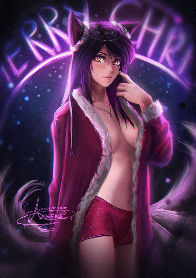 ahri, axsens, black hair, breasts, christmas, coat, female, female only, fox ears, fox girl, fox tail, large breasts, league of legends, looking at viewer, no bra, short shorts, shorts, yellow eyes