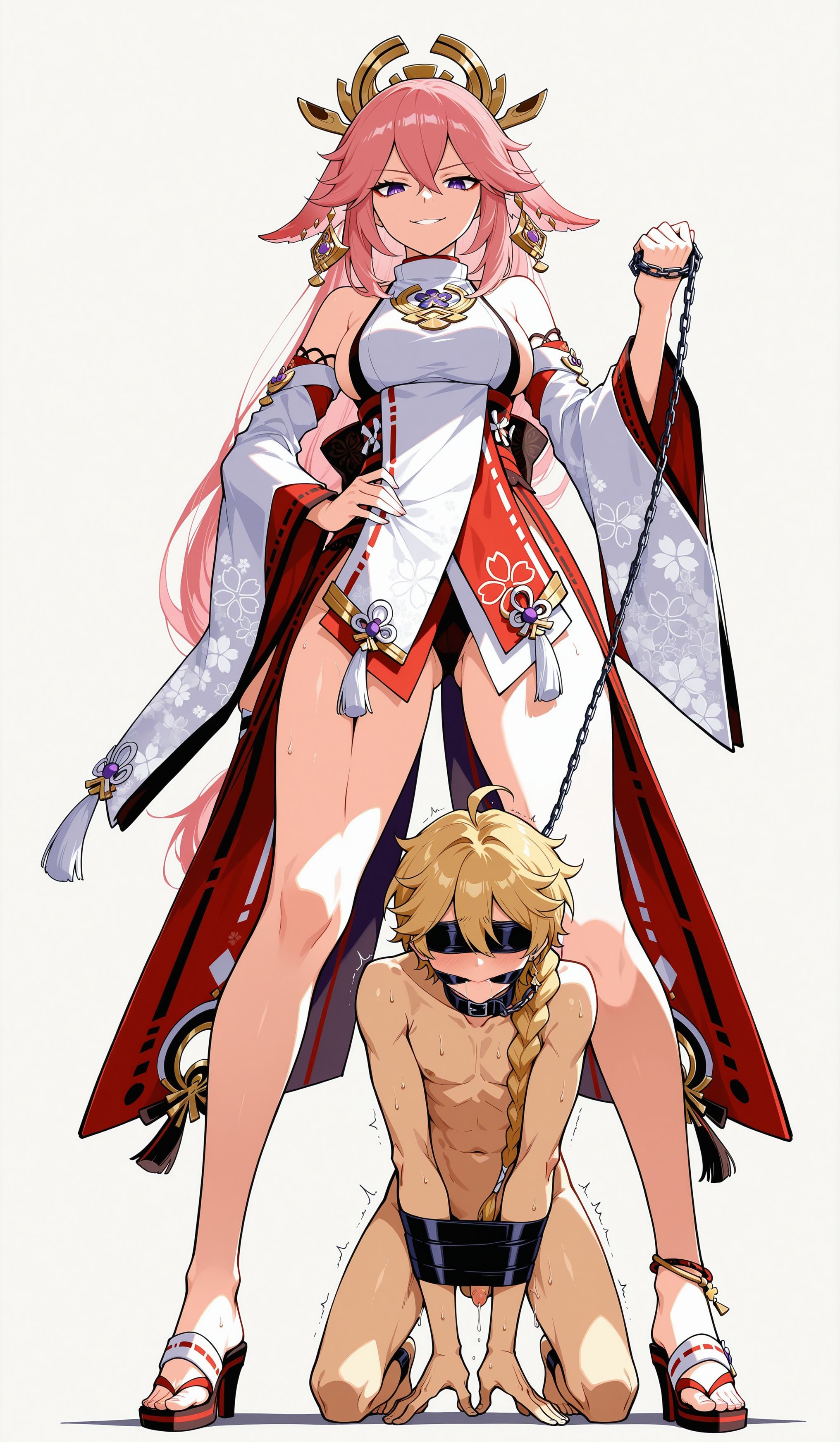 1boy, 1girls, aether (genshin impact), ai generated, boy on leash, dominant female, duo, elkazama yumi, female, femdom, genshin impact, holding, male, naked, penis, slave boy, submissive male, tied up, yae miko