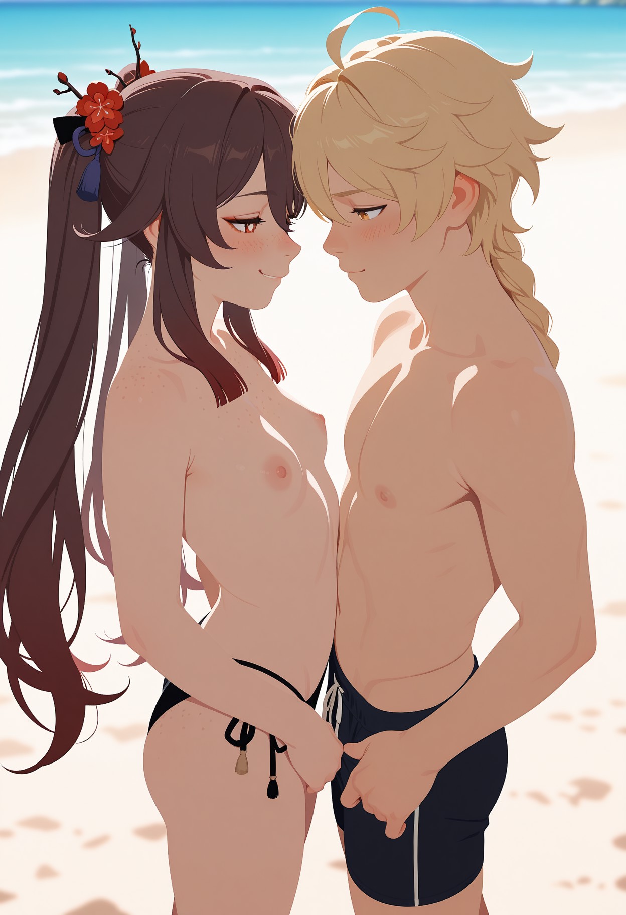 1boy, 1boy1girl, 1girl, 1girls, 2d, aether (genshin impact), ai assisted, ai generated, anime, anime style, cute, duo, galaktika73, genshin impact, hu tao (genshin impact)