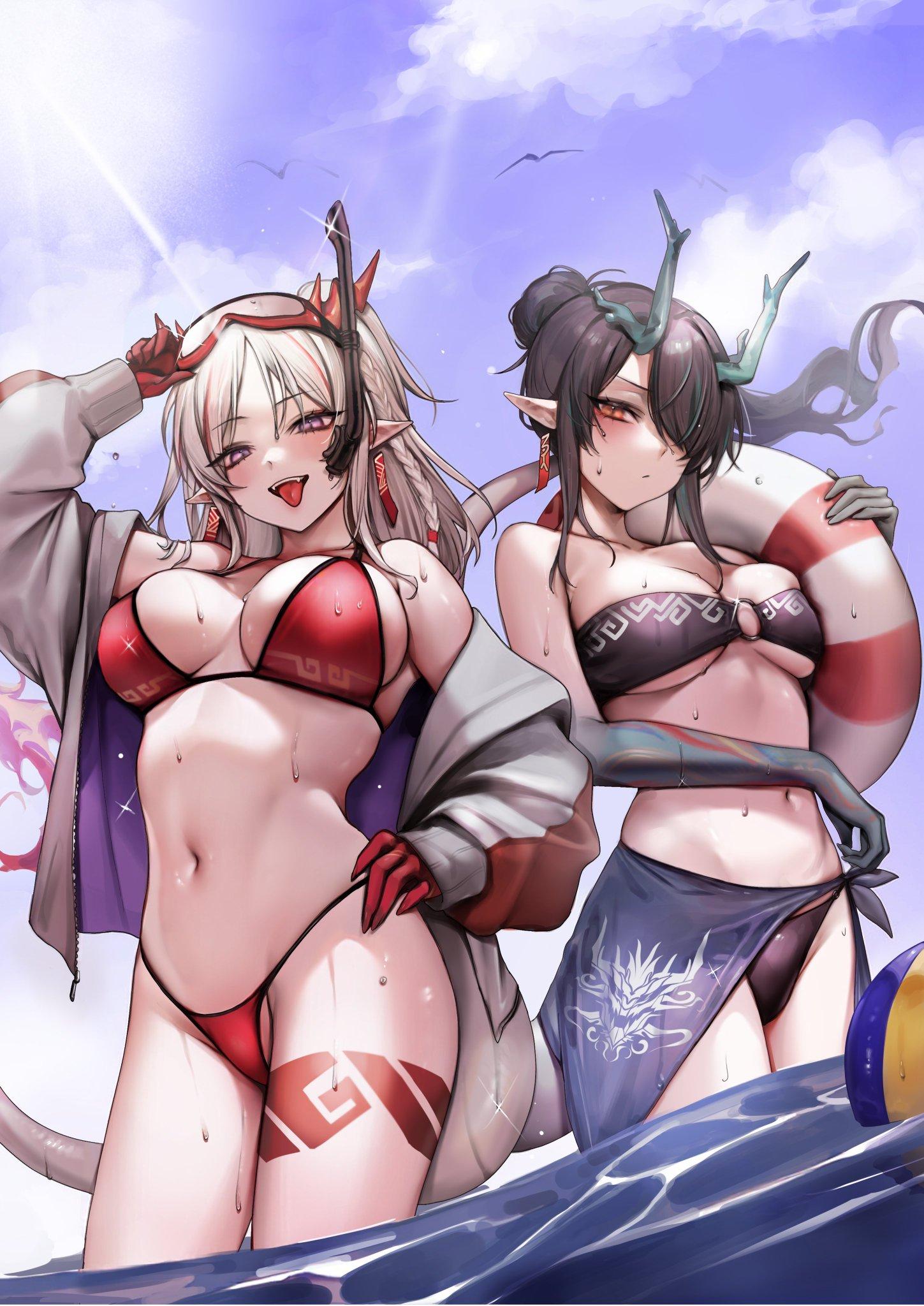 2d 2d_(artwork) 2d_artwork 2girls adult adult_female arknights arm_above_head arm_up belly belly_button big_boobs big_breasts bikini bikini_bottom bikini_only bikini_top black-haired_female black_arms black_bikini black_bikini_bottom black_bikini_top black_hair black_swimsuit black_swimwear blue_horn blue_horns blue_sky breasts breasts_apart busty busty_female busty_girl cleavage clouds coat collarbone cowboy_shot curvaceous curvaceous_body curvaceous_female curvaceous_figure curvaceous_hips curvy curvy_body curvy_female curvy_figure curvy_hips day daylight daytime digital digital_art digital_drawing digital_drawing_(artwork) digital_media digital_media_(artwork) dokuro_deluxe drawing dripping_wet duo dusk_(arknights) ear_piercing ear_piercings earrings eyebrows_hidden_by_hair eyebrows_visible_through_hair female female_focus female_only fingers from_below_view from_front front_view frown frown_eyebrows frowning frowning_at_viewer goggles goggles_on_forehead goggles_on_head groin hair_between_eyes hair_bun hair_covering_eye hair_over_eye hair_over_one_eye half-closed_eyes halterneck hand_above_head hand_on_head hand_on_hip hand_on_own_head hand_on_own_hip hand_on_own_waist hand_on_waist hand_up head_tilt high_resolution highres horizon horn horns hourglass_figure inframammary_fold inguinal_crease inguinal_ligament jacket large_boobs large_breasts lean_figure legs_closed legs_together long_hair looking_at_viewer looking_down looking_down_at_viewer low-angle_shot low_angle_view mature mature_female midriff multicolored_hair multiple_females multiple_girls narrow_waist navel nian_(arknights) o-ring_bikini o-ring_bikini_top ocean open_coat open_jacket open_mouth open_mouth_smile orange-eyed_female orange_eyes outdoor outdoor_nudity outdoors outside parted_bangs parted_lips partially_submerged partially_submerged_legs pierced_ear pierced_ears ponytail posing posing_for_the_viewer purple-eyed_female purple_eyes red-haired_female red_bikini red_bikini_bottom red_bikini_top red_hair red_horn red_horns red_swimsuit red_swimwear scowl sea seaside shoulders sidelocks skindentation sky slender_body slender_waist slim_female slim_waist smile smiley_face smiling smiling_at_viewer soaked standing string_bikini submerged_feet submerged_legs swimsuit swimwear tail thick_thighs thigh_gap thighs thighs_together tilted_head tongue tongue_out top_view touching_head touching_hip touching_waist underboob upper_body upper_teeth view_from_below viewed_from_below water wet wet_belly wet_bikini wet_body wet_breasts wet_face wet_hair wet_legs wet_skin wet_swimsuit wet_thighs white-haired_female white_coat white_hair white_jacket wide_hips