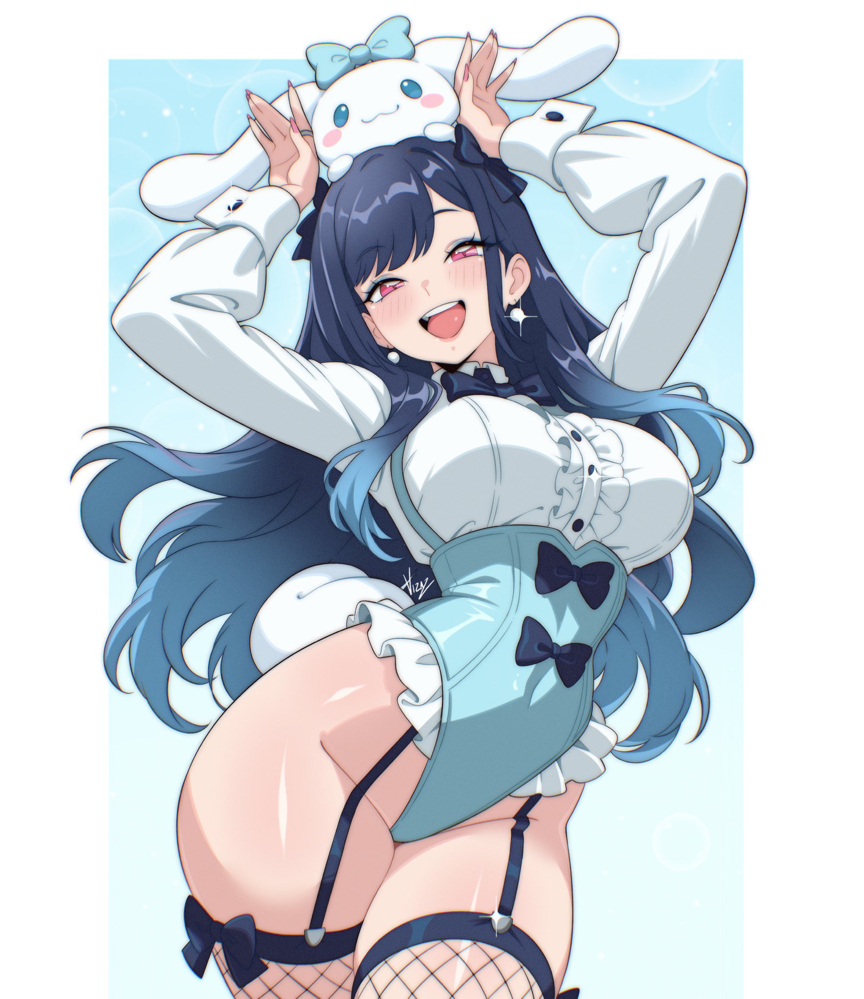 1boy, 1girl, alternate hair color, animal on head, artist name, black bow, black bowtie, blue background, blue eyes, blue eyeshadow, blue hair, blue leotard, blush, blush stickers, border, bow, bowtie, breasts, buttons, cinnamoroll, collared shirt, cowboy shot, dog, dog on head, earrings, eyeshadow, fingernails, fishnet thighhighs, fishnets, frilled leotard, frills, fuwa fuwa cinnamoroll, garter straps, gradient hair, hair bow, highres, jewelry, kitagawa marin, large breasts, leotard, long fingernails, long hair, makeup, multicolored hair, nail polish, on head, open mouth, pearl earrings, pink eyes, pink nails, sanrio, shirt, smile, sono bisque doll wa koi wo suru, sparkle, tail, teeth, thighhighs, thighs, underbust, upper teeth only, vizaz, white border, white shirt, white wrist cuffs, wrist cuffs