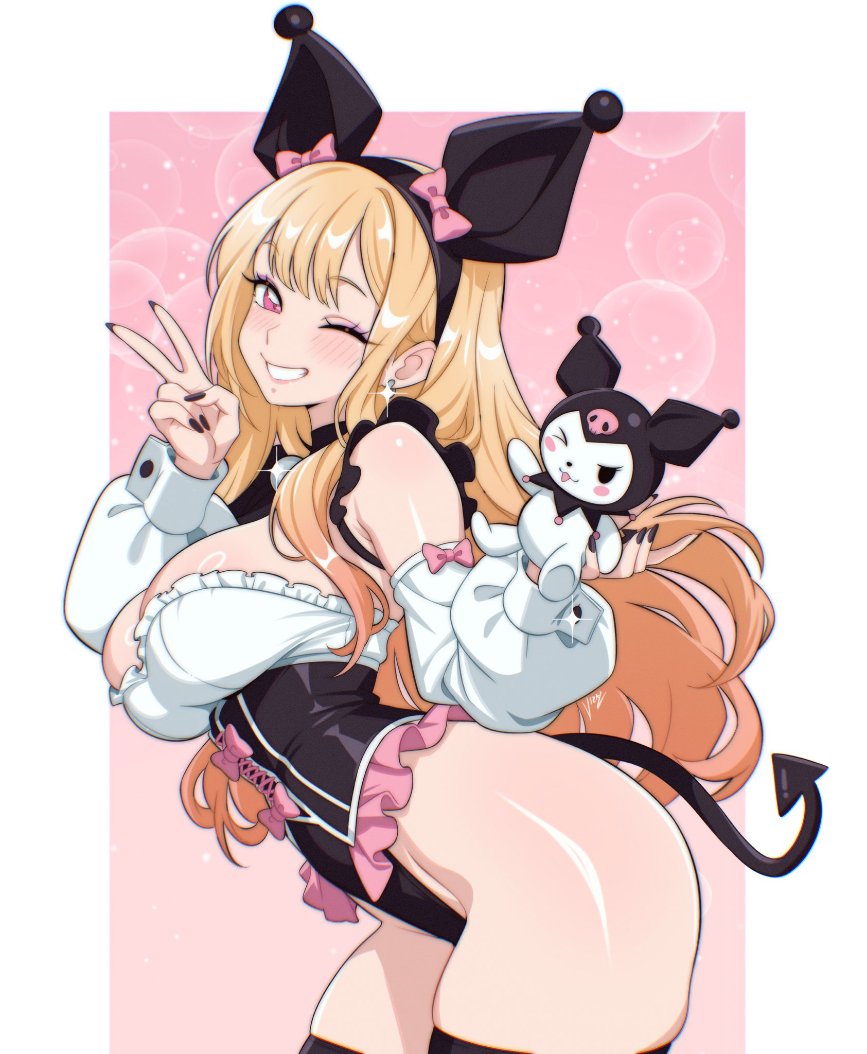 ;d, :d, 2girls, alternate hair color, black hair, blush, bow, breasts, choker, cleavage, cosplay, crossover, ear piercing, frilled leotard, frills, gradient hair, grin, highres, jewelry, kitagawa marin, kuromi, kuromi (cosplay), leotard, long hair, looking at viewer, multicolored hair, multiple girls, one eye closed, onegai my melody, piercing, pink hair, red eyes, sanrio, smile, sono bisque doll wa koi wo suru, tongue, tongue out, v, vizaz
