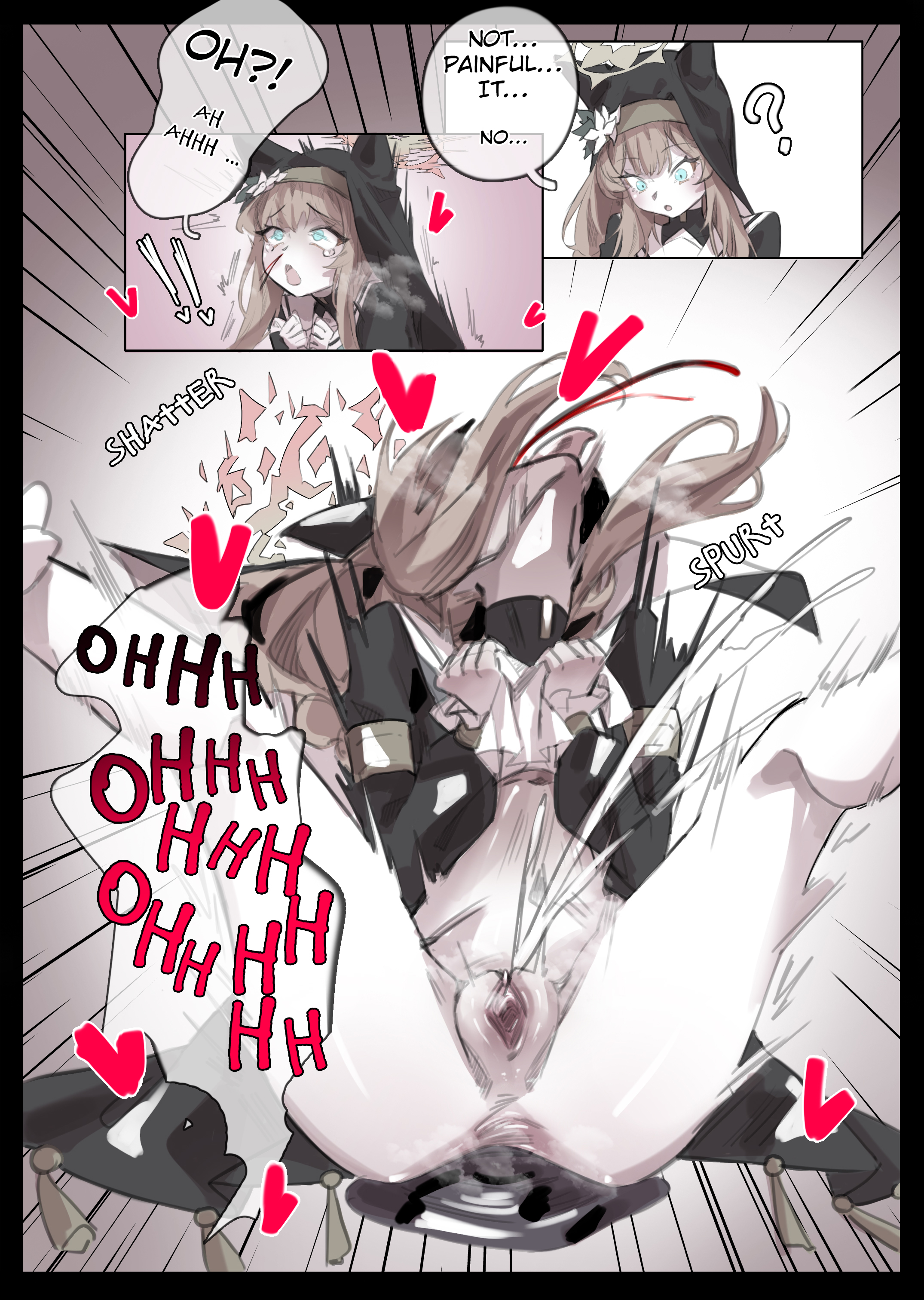 1girl, afterglow, ahegao, ass focus, bedroom, big dildo, blonde hair, blue eyes, body tremble, cleavage, cross, crossed eyes, crying, curvy, detailed face, detailed pussy, dress lift, dripping pussy, drooling, ecstasy, english commentary, english dialogue, english language, english subtitles, english text, english translation, erect nipples, excessive drooling, exposed pussy, female ejaculation, female orgasm, finger in pussy, fucked silly, full color, garter straps, hair ornament, halo, heart-shaped pupils, heavy blush, highres, huge breasts, large breasts, leaning back, looking at viewer, mari (blue archive), masturbation, mind break, miwerjooggetser, night, nipples, nun habit, on bed, orgasm expression, panties, panties aside, pleasure face, puffy nipples, pussy, pussy ejaculation, pussy focus, pussy juice, rolling eyes, saliva, saliva trail, sitting, skirt lift, soft lighting, solo, spread legs, squirting, steam, sweat, tears, thick thighs, tongue out, torn clothes, vaginal fingering, very long hair, voluptuous, white panties, white thighhighs, white veil, wide hips