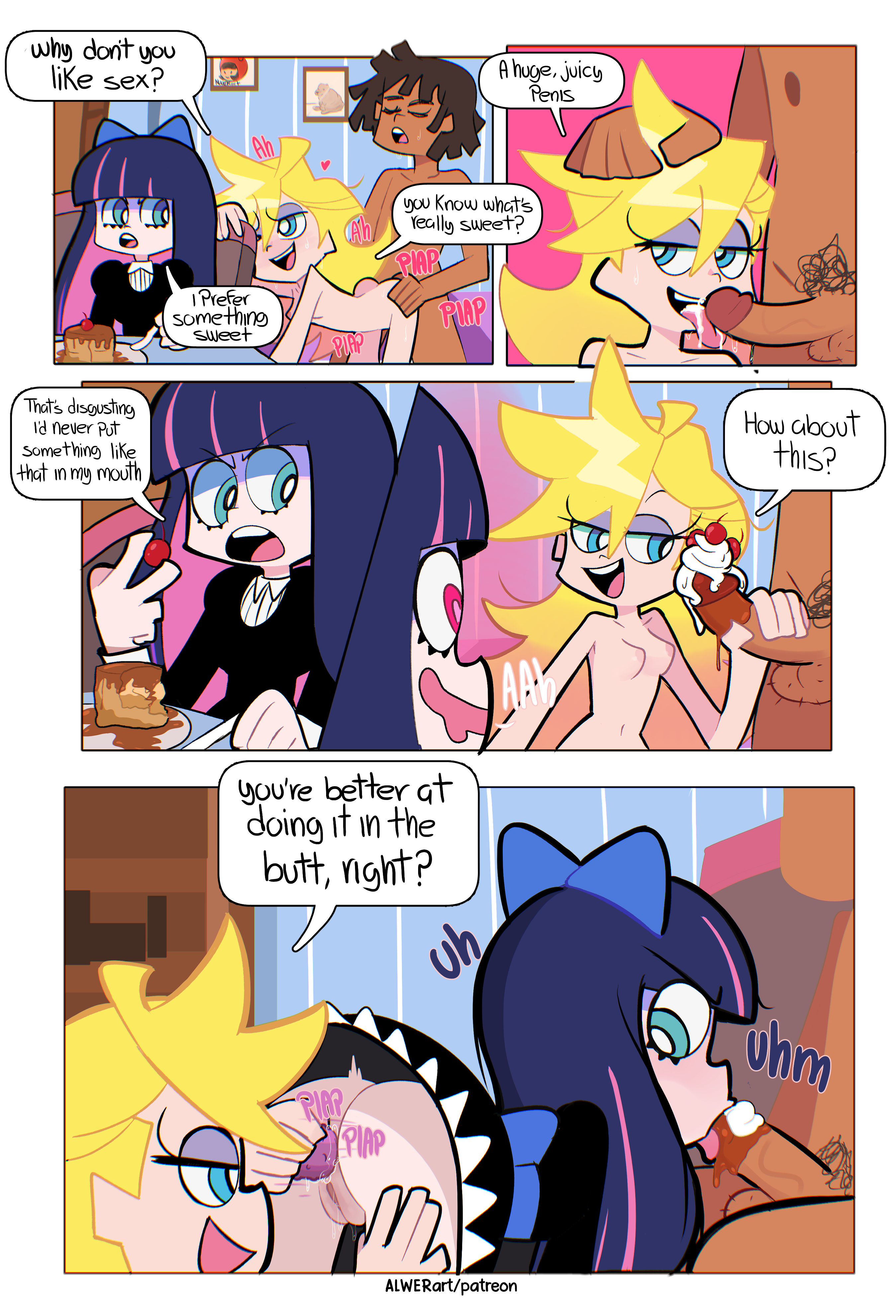 1boy, 2girls, alwerart, ambiguous penetration, blonde hair, comic, cum, cum on tongue, dark skin, dark-skinned male, dialogue, dildo, drooling, english text, fellatio, female, handjob, interracial, light skin, light-skinned female, long hair, male, oral, panty & stocking with garterbelt, panty anarchy, patreon username, purple hair, stocking anarchy, text, threesome