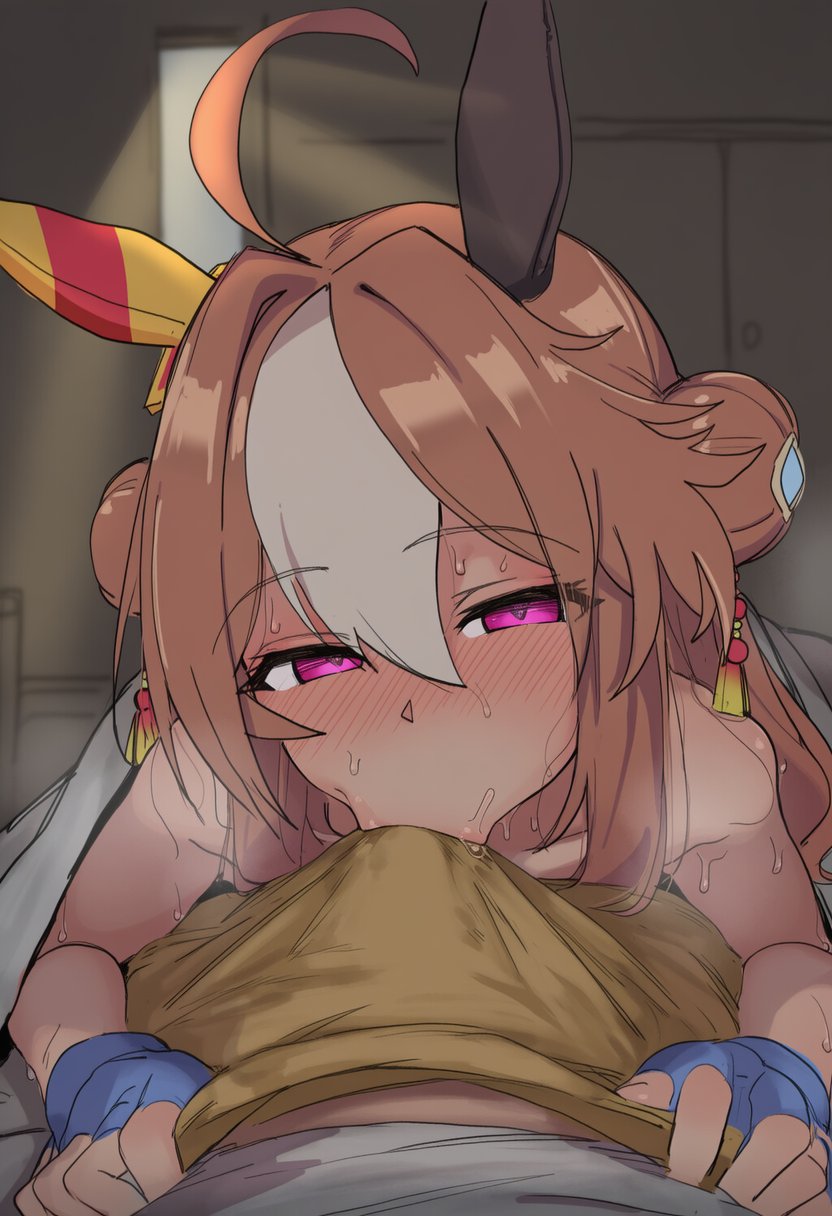 :>=, 1boy, 1girls, 2d, ahoge, ai generated, animal ears, blowjob through clothes, blue gloves, blush, breasts, brown hair, bulge, cock, cock hungry, copano rickey (umamusume), dark skin, dark-skinned male, double bun, ear covers, erection, erection under clothes, fellatio, fellatio through clothes, female, fingerless gloves, gloves, hair between eyes, hair bun, hair ornament, heart, heavy breathing, hetero, horse ears, horse girl, light skin, light-skinned female, long hair, looking at viewer, male, male/female, multicolored hair, oral, penis, pov, purple eyes, sloppingslurpie, solo focus, steam, sweat, umamusume, umamusume pretty derby, under covers, white hair