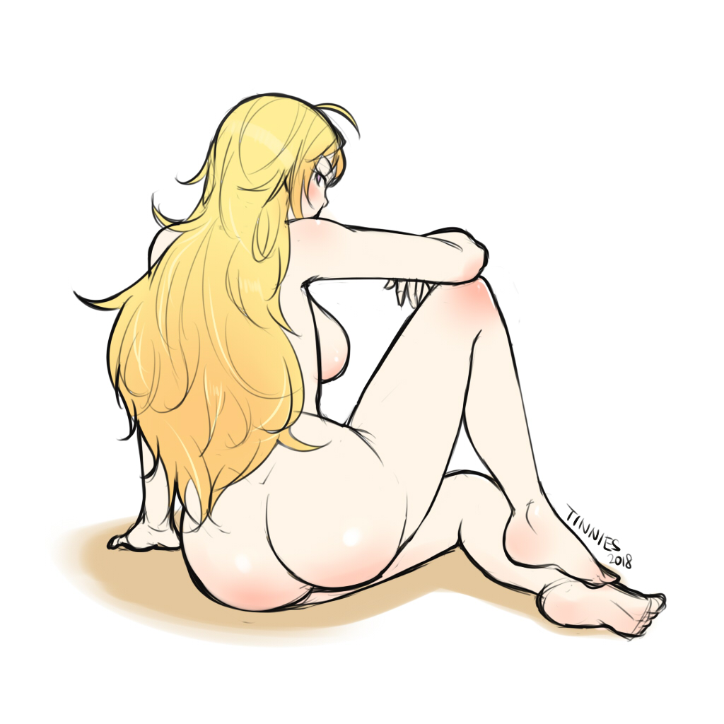 ass, blonde hair, breasts, cleavage, female, female only, looking at viewer, looking back, nude, rwby, solo, tinnies, yang xiao long