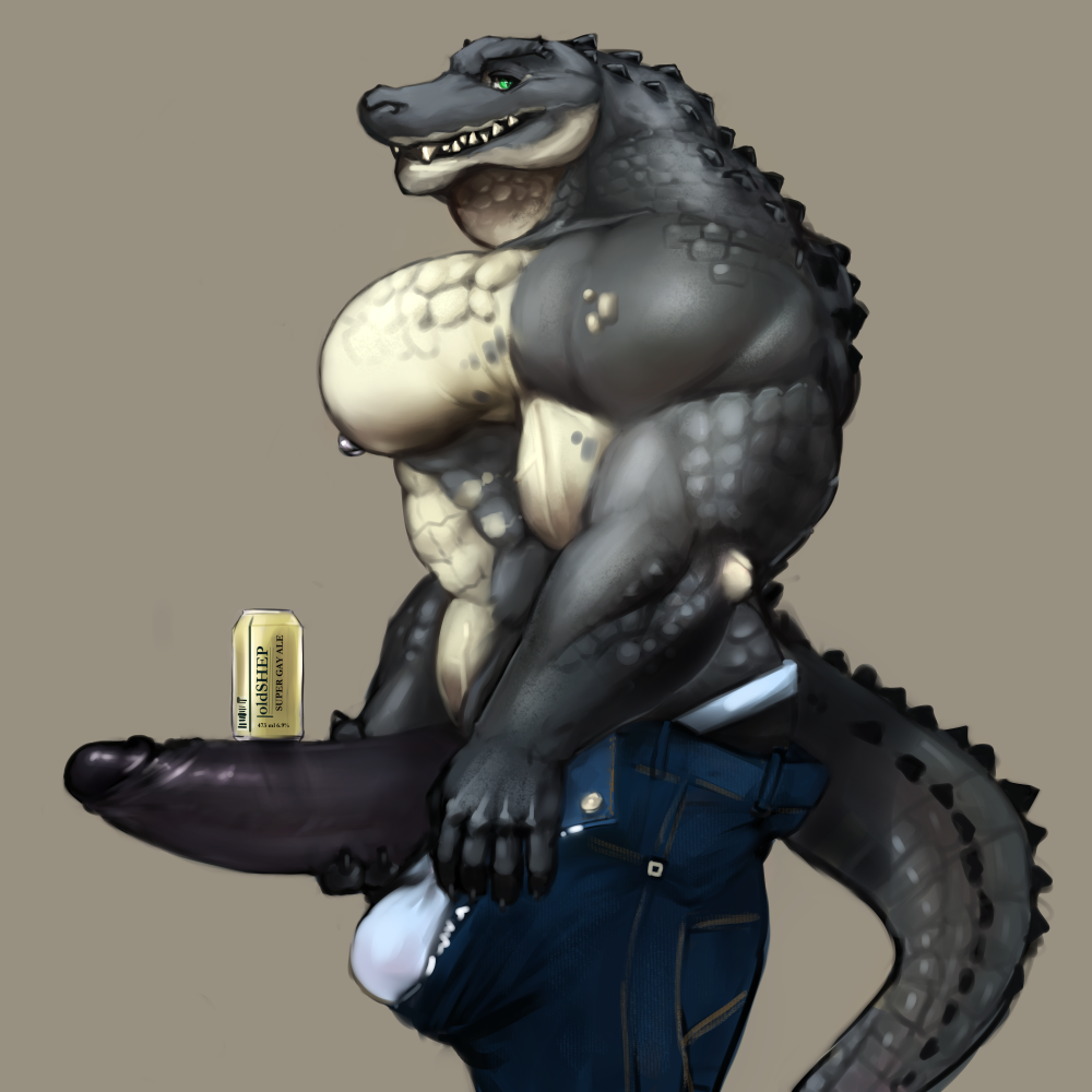 abs alligator anthro balls balls_outline beverage_can big_pecs big_penis black_penis bulge clothed clothing comparing comparing_penis crocodilian green_eyes grey_background grey_skin half_portrait holding_penis huge_muscles humanoid_penis looking_at_viewer male male_only manly muscular muscular_male nipples oldshep open_mouth pants partially_clothed pecs penis presenting presenting_penis reptile retracted_foreskin scalie side_view simple_background smile solo standing tan_skin teeth uncut underwear undressing