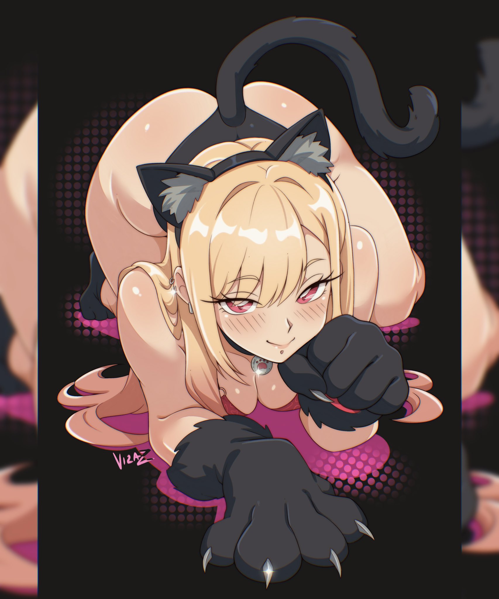 1girl, all fours, animal ears, animal hands, artist name, ass, black panties, black socks, blonde hair, blush, bra, breasts, cat ears, cat girl, cat tail, cleavage, closed mouth, collar, commentary, curvy, ear piercing, english commentary, extra ears, fake animal ears, fake tail, full body, gloves, highres, kitagawa marin, large breasts, looking at viewer, medium breasts, panties, paw gloves, piercing, pink eyes, red bra, signature, socks, solo, sono bisque doll wa koi wo suru, tail, thick thighs, thighs, thong, thong panties, underwear, vizaz
