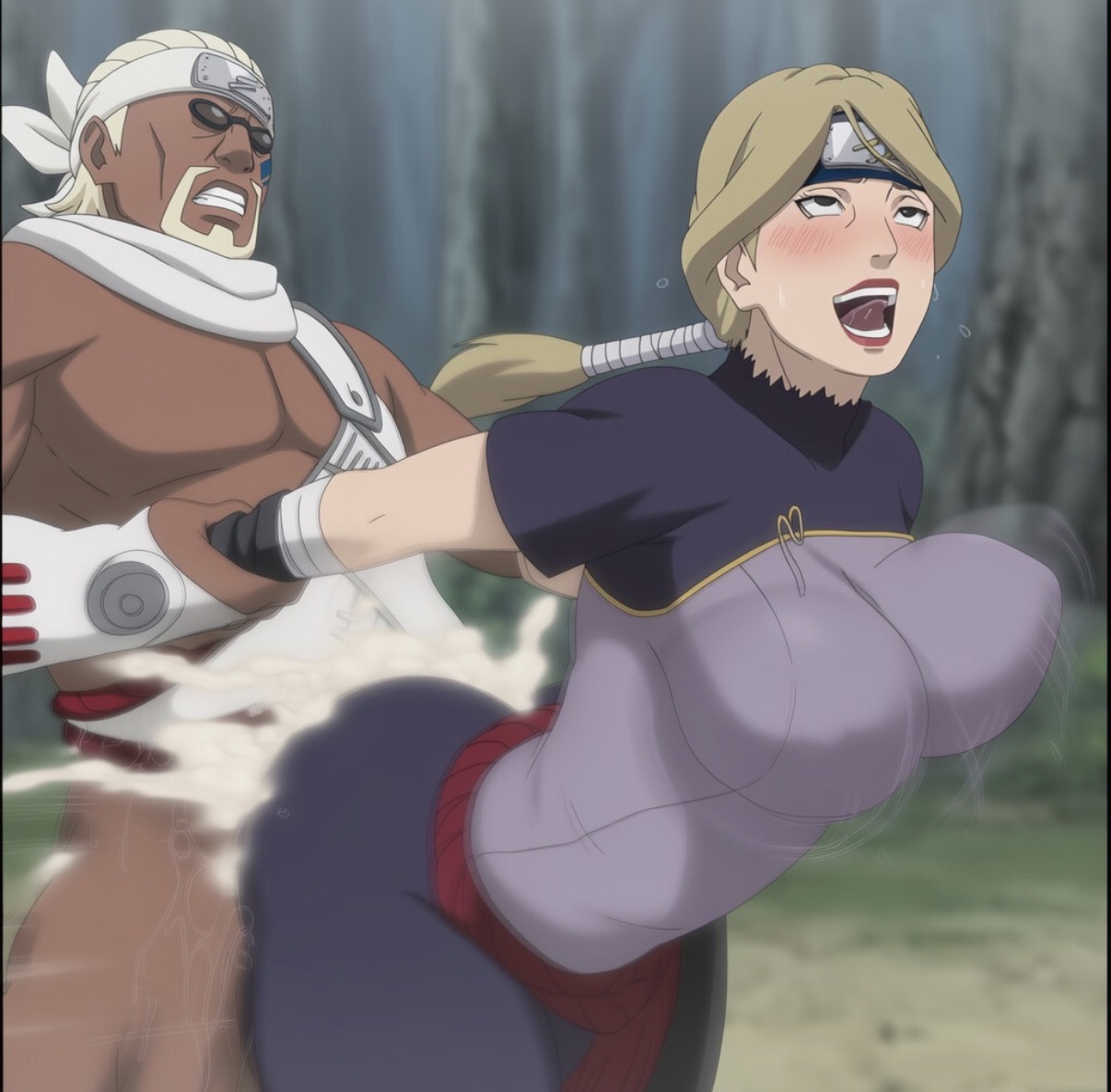 1boy, 1girl, 2d, 2d (artwork), ahe gao, bent over, black eyes, blonde hair, blush, bouncing breasts, breast press, breasts, color, dark skin, dark-skinned male, doggy style, dominant male, eyeless male, faceless male, female, female focus, from behind, fucked from behind, fucked senseless, fucked silly, illustration, interracial, killer bee, kneeling, larger male, light skin, light-skinned female, lipstick, male, male/female, maledom, mature female, naruto, naruto (series), naruto shippuden, nii yugito, nude, older male, outdoors, pale skin, pale-skinned female, ponytail, pussy, sex, sex from behind, standing sex, taken from behind, tsunadelover, uncensored, vaginal penetration, younger female, younger female older female