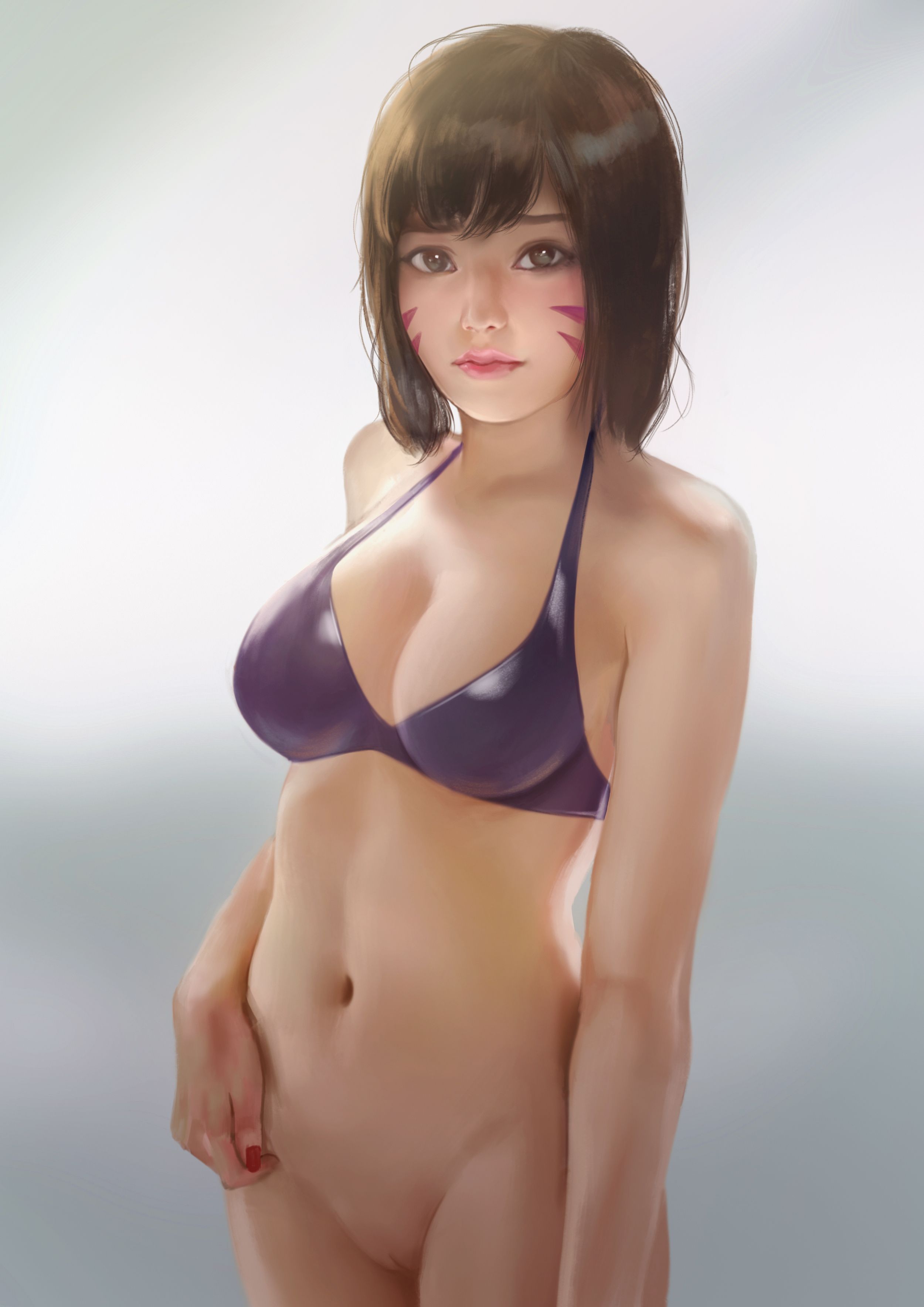 1girls, bottomless, bra, breasts, brown hair, cleavage, d.va, female, female only, firolian, looking at viewer, medium breasts, overwatch, pussy, solo