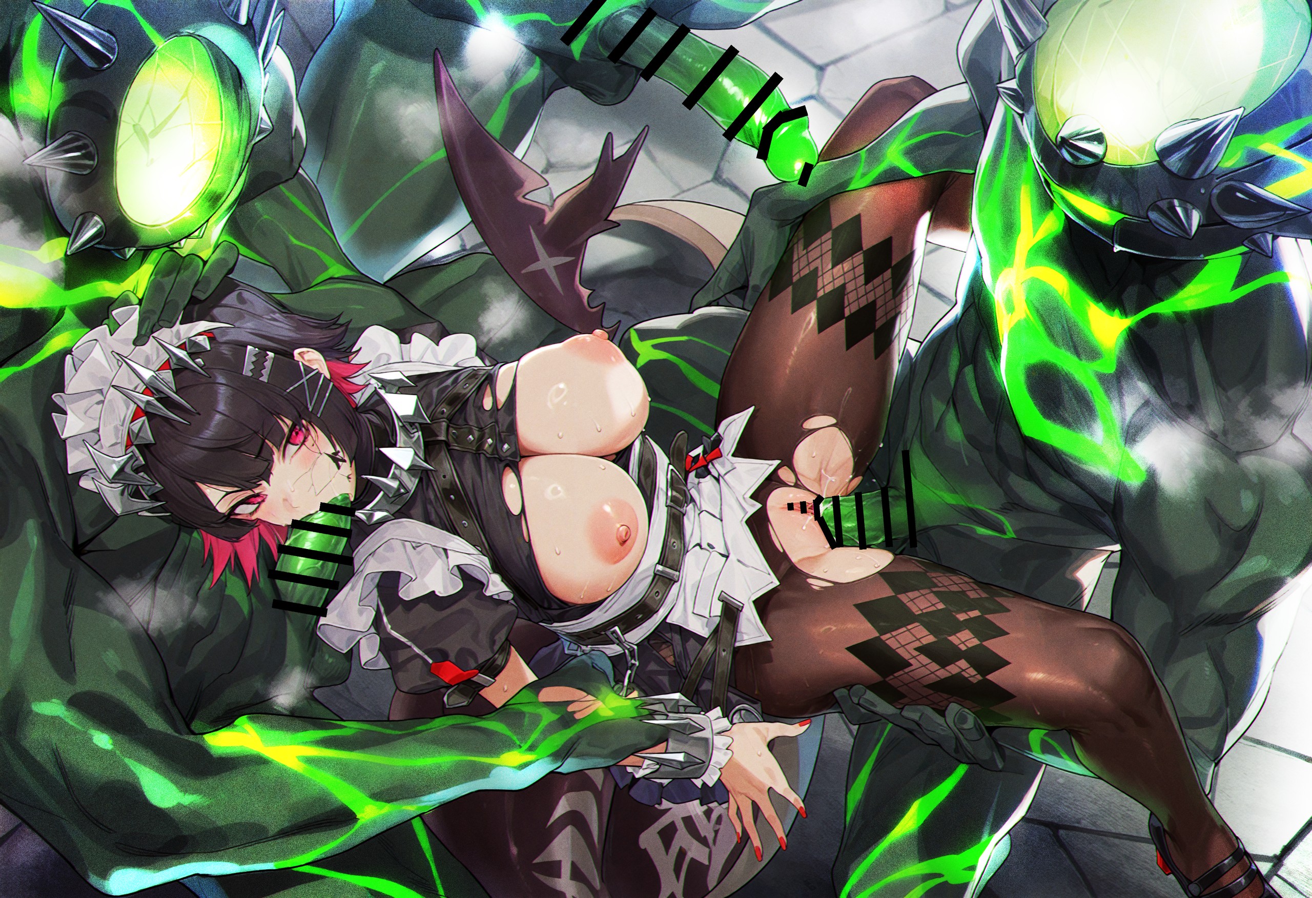 1girls, 3others, ai generated, black pantyhose, ellen joe, ethereal (zenless zone zero), exposed breasts, ezonokami28, female, holding legs, maid, maid headdress, monster, multicolored hair, shark tail, tagme, torn clothes, zenless zone zero