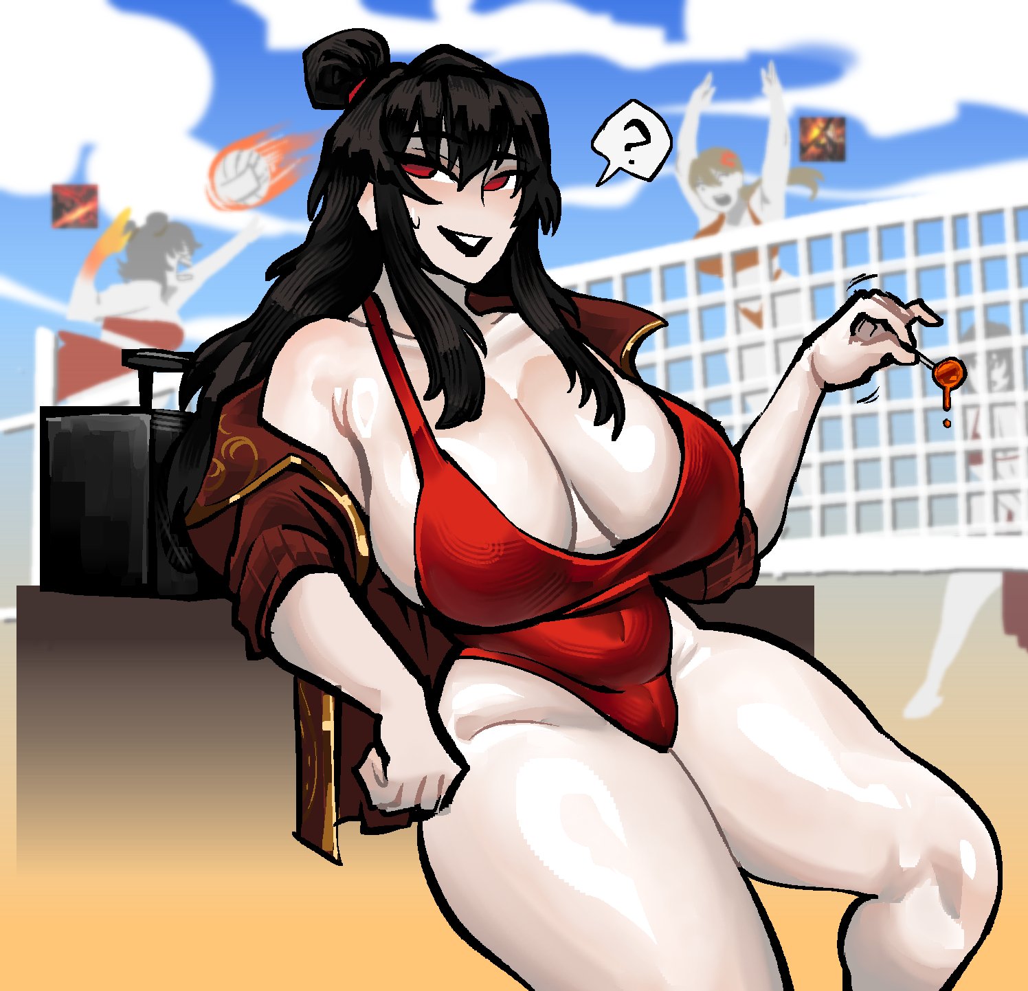 2d, 2d (artwork), 3girls, background characters, beach, beach day, big boobs, big breasts, big cleavage, bikini, black hair, blush, blushing, boobs, boobs bigger than head, breasts, breasts bigger than head, breedable hips, bun hair, cameltoe, chilling, cleavage, clouds, color, colored, curvaceous, curvaceous body, curvaceous female, curvaceous figure, curvy, curvy body, curvy female, curvy figure, curvy hips, detailed background, eclipseecliptus, female, female focus, female only, genital outline, glistening, glistening body, glistening skin, hair, hair bun, hair ornament, high resolution, highres, hips, holding object, jacket, legs, legs apart, library of ruina, light skin, light-skinned female, lollipop, long hair, massive breasts, open jacket, open mouth, overflowing breasts, posing, project moon, pussy outline, question mark, red eyes, relaxed, relaxing, sexy, sexy body, sexy female, sexy pose, shine, sideboob, solo focus, sunny, sweatdrop, swimsuit, swimwear, thicc, thick, thick legs, thick thighs, thighs, thin waist, tight swimsuit, tight swimwear, tits, volleyball, voluptuous, voluptuous body, voluptuous female, xiao (library of ruina)
