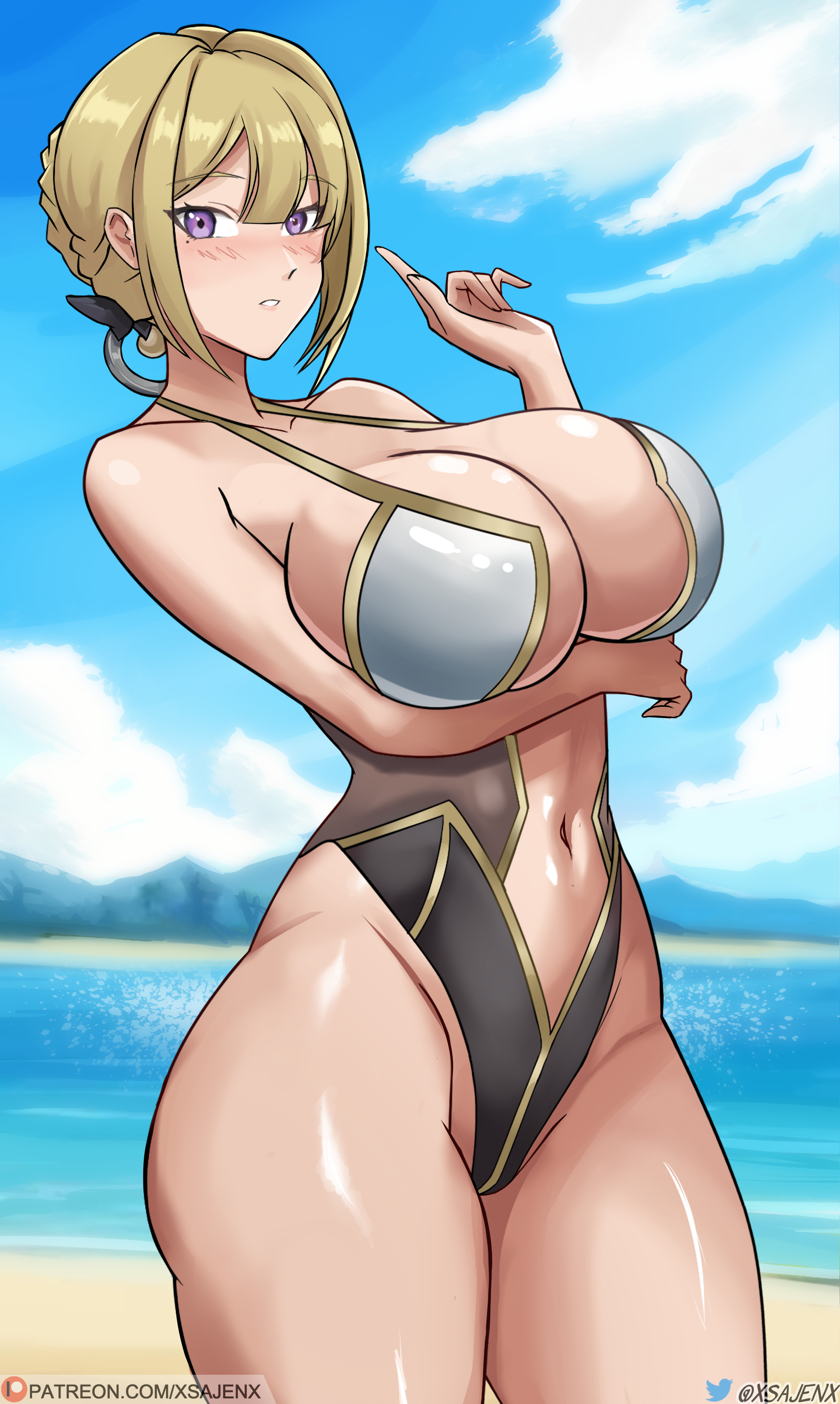 beach, bikini, blush, cleavage, curvy, evelyn chevalier, huge breasts, looking at viewer, one arm up, round breasts, swimsuit, thick thighs, voluptuous, wide hips, xsajenx, zenless zone zero