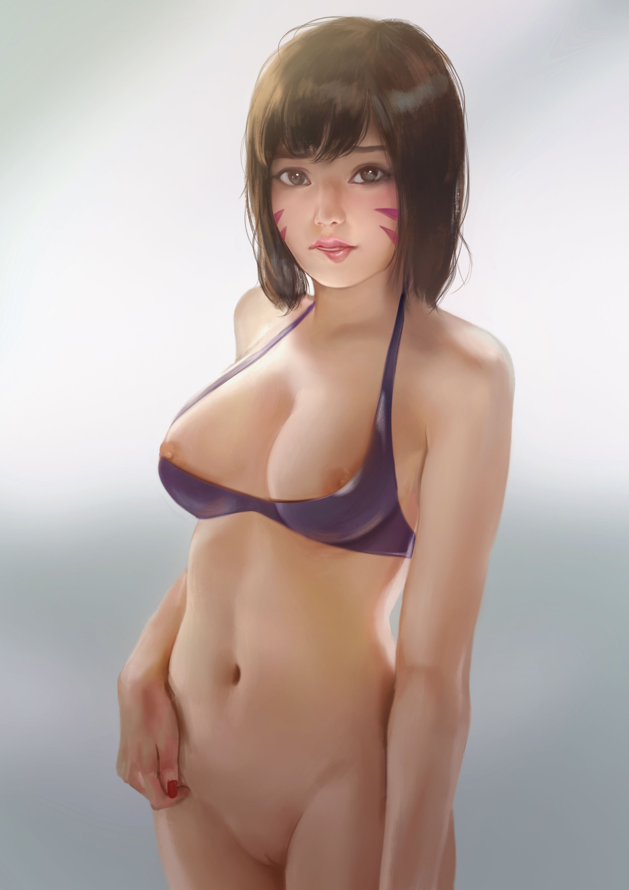 1girls, areola slip, biting lip, bottomless, bra, breasts, brown hair, cleavage, d.va, female, female only, firolian, looking at viewer, medium breasts, nipple slip, nipples, overwatch, pussy, solo