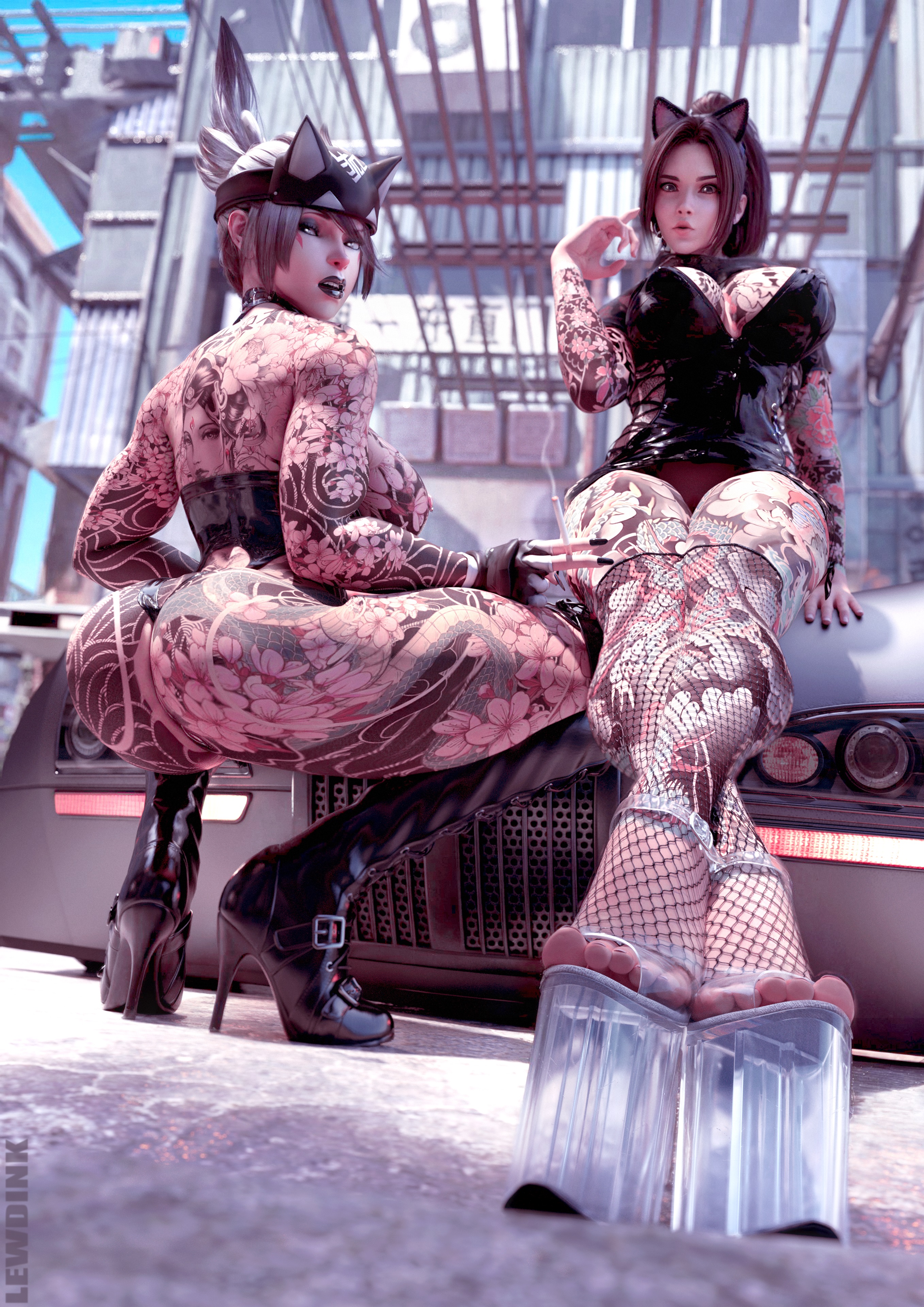 2girls, 3d, acrylic nails, alternate hair color, ass, big ass, big breasts, bimbo, black boots, black heels, black high heel boots, black high heels, black lips, black lipstick, black nails, blizzard entertainment, boots, breasts, brown hair, car, cigarette, cleavage, crossover, eastern and western character, fatal fury, female, female only, fishnets, full body tattoo, goth, goth girl, heels, high heel boots, high heels, huge ass, huge breasts, king of fighters, kiriko (overwatch), large ass, large breasts, latex, lewdink, lipstick, long hair, low-angle view, mai shiranui, multiple girls, overwatch, platform heels, ponytail, silver hair, snk, squatting, tattoo, tattoos everywhere, thick thighs, yakuza tattoo