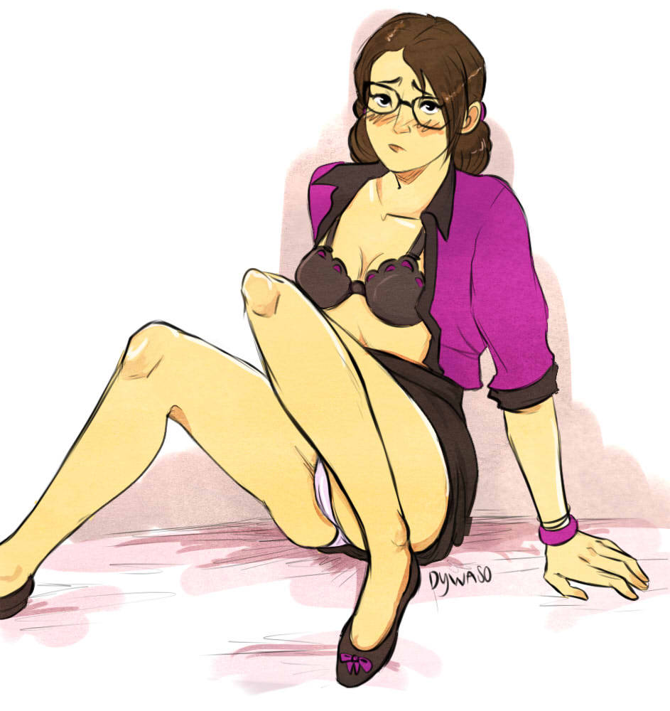 1girls, 2d, arm support, black bra, black hair, black skirt, blush, bra, bracelet, brown hair, collarbone, dywaso, female, female only, flats, glasses, hair bun, human, human female, human only, leaning back, looking at viewer, miss pauling, nose blush, open clothes, open shirt, panties, pout, shoes, shy, skirt, skirt up, sleeves rolled up, solo, team fortress 2, thighs, tsundere, upskirt, valve corporation, white panties