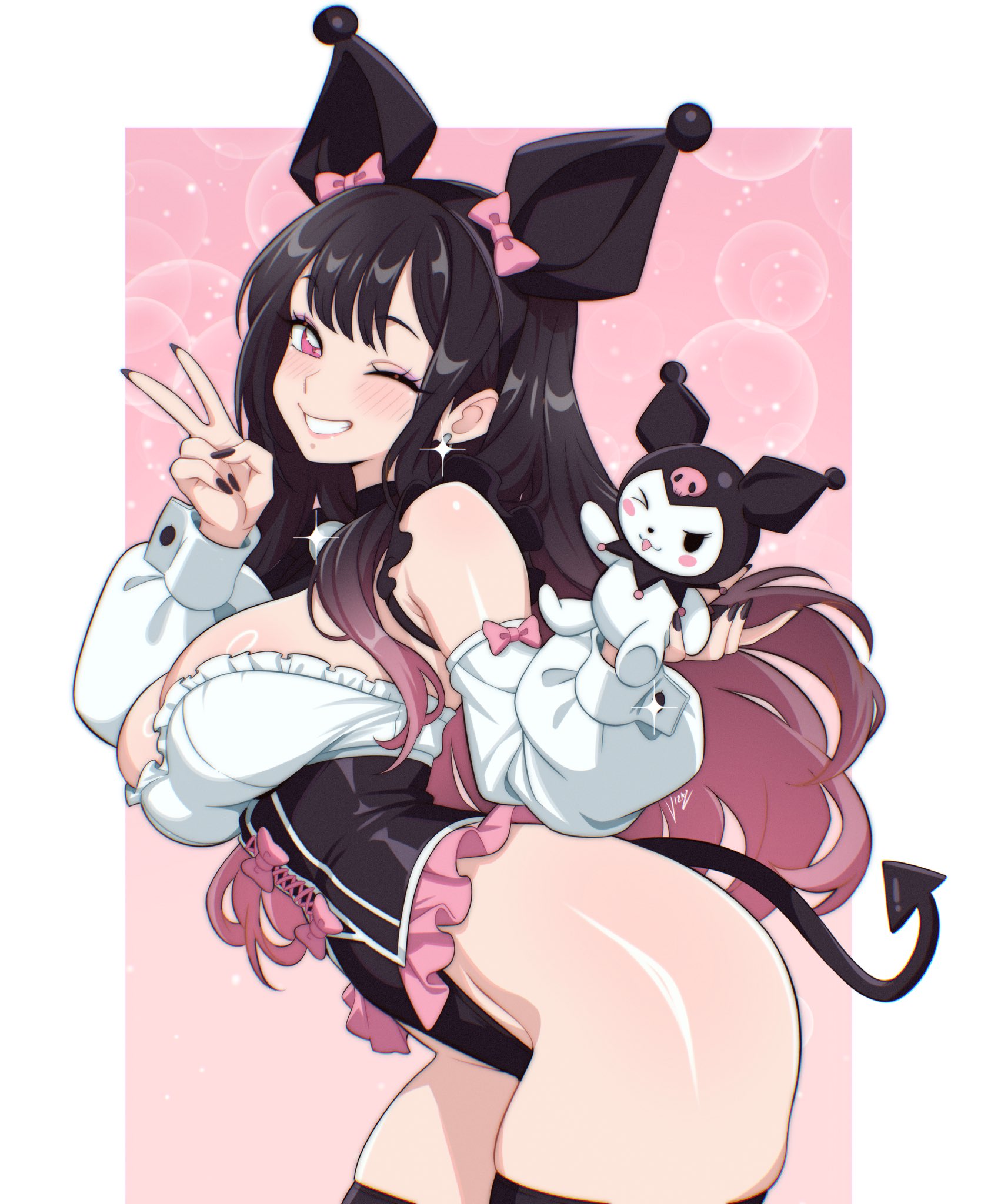 ;d, :d, 2girls, alternate hair color, black hair, blush, bow, breasts, choker, cleavage, cosplay, crossover, ear piercing, frilled leotard, frills, gradient hair, grin, highres, jewelry, kitagawa marin, kuromi, kuromi (cosplay), leotard, long hair, looking at viewer, multicolored hair, multiple girls, one eye closed, onegai my melody, piercing, pink hair, red eyes, sanrio, smile, sono bisque doll wa koi wo suru, tongue, tongue out, v, vizaz