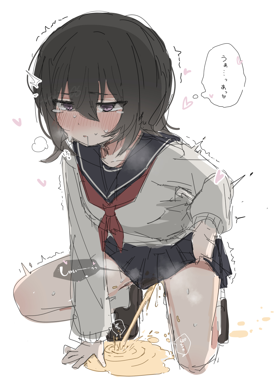 1girls, black hair, black sailor collar, blush, breath, clothes lift, commentary request, embarrassed, flat chest, full body, hair between eyes, half-closed eyes, heart, highres, lifting own clothes, long sleeves, miniskirt, neckerchief, nose blush, original, pee, peeing, peeing self, pleated skirt, puddle, red neckerchief, sailor collar, school uniform, serafuku, simple background, sketch, skirt, solo, speech bubble, steam, sweat, tears, thought bubble, trembling, white background, woiu