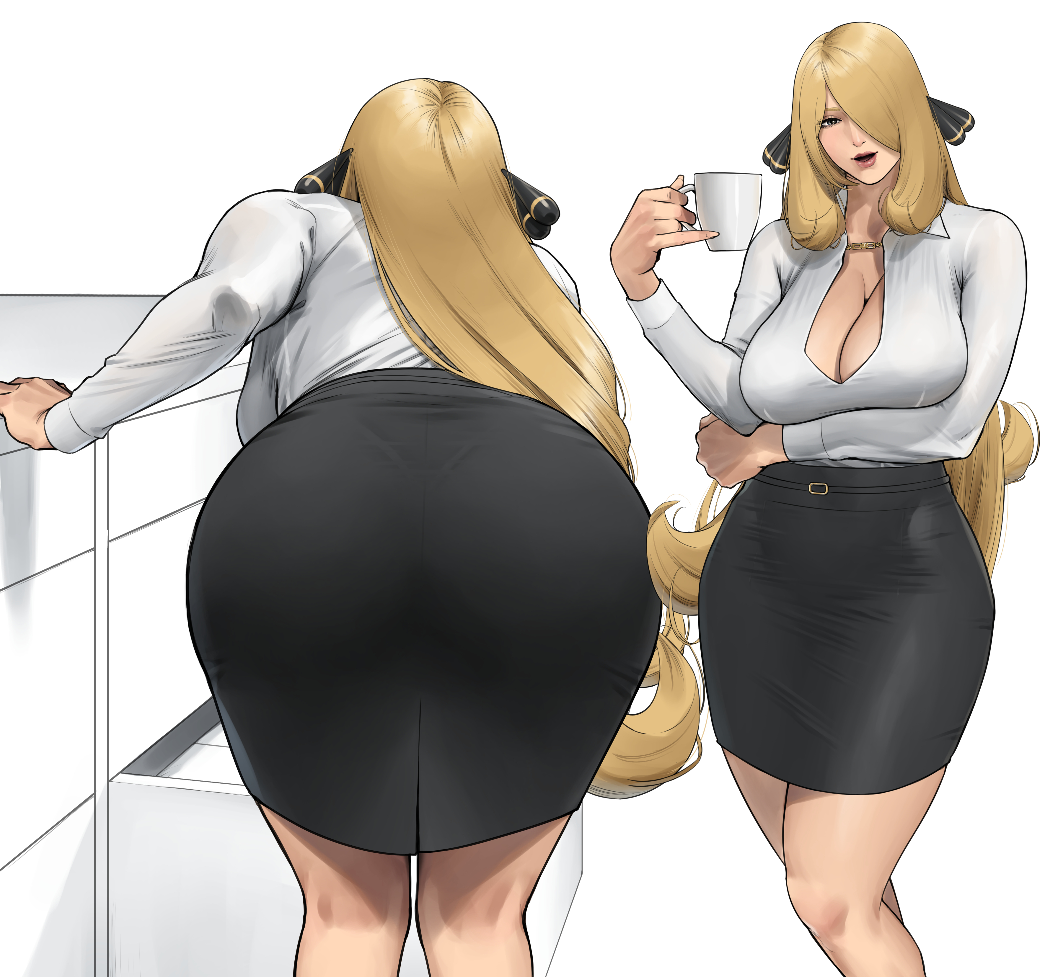 1girls, absurdres, alternate costume, arm under breasts, ass, black skirt, blonde hair, breasts, cleavage, cup, cynthia (pokemon), grey eyes, hair ornament, hair over one eye, highres, holding, holding cup, large breasts, leaning forward, long hair, long sleeves, looking at viewer, multiple views, nintendo, office lady, open mouth, pencil skirt, pokemon, pokemon dppt, shirt, skirt, smile, very long hair, wasabishouyu, white shirt