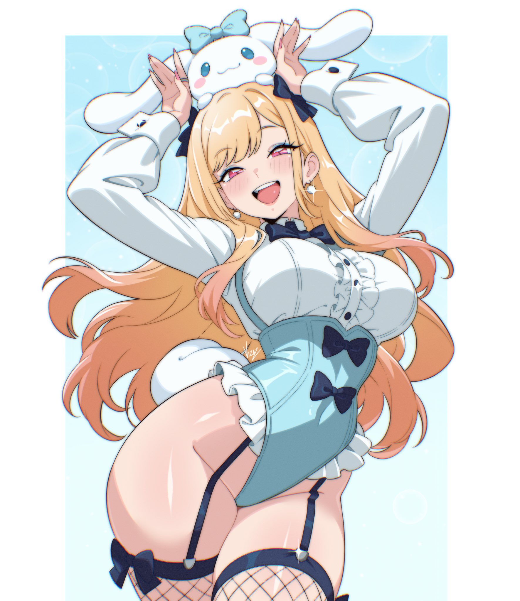 1boy, 1girl, animal on head, artist name, black bow, black bowtie, blonde hair, blue background, blue eyes, blue eyeshadow, blue leotard, blush, blush stickers, border, bow, bowtie, breasts, buttons, cinnamoroll, collared shirt, commentary, cowboy shot, dog, dog on head, earrings, eyeshadow, fingernails, fishnet thighhighs, fishnets, frilled leotard, frills, fuwa fuwa cinnamoroll, garter straps, hair bow, highres, jewelry, kitagawa marin, large breasts, leotard, long fingernails, long hair, makeup, nail polish, on head, open mouth, pearl earrings, pink eyes, pink nails, sanrio, shirt, smile, sono bisque doll wa koi wo suru, sparkle, tail, teeth, thighhighs, thighs, underbust, untranslatable commentary, upper teeth only, vizaz, white border, white shirt, white wrist cuffs, wrist cuffs