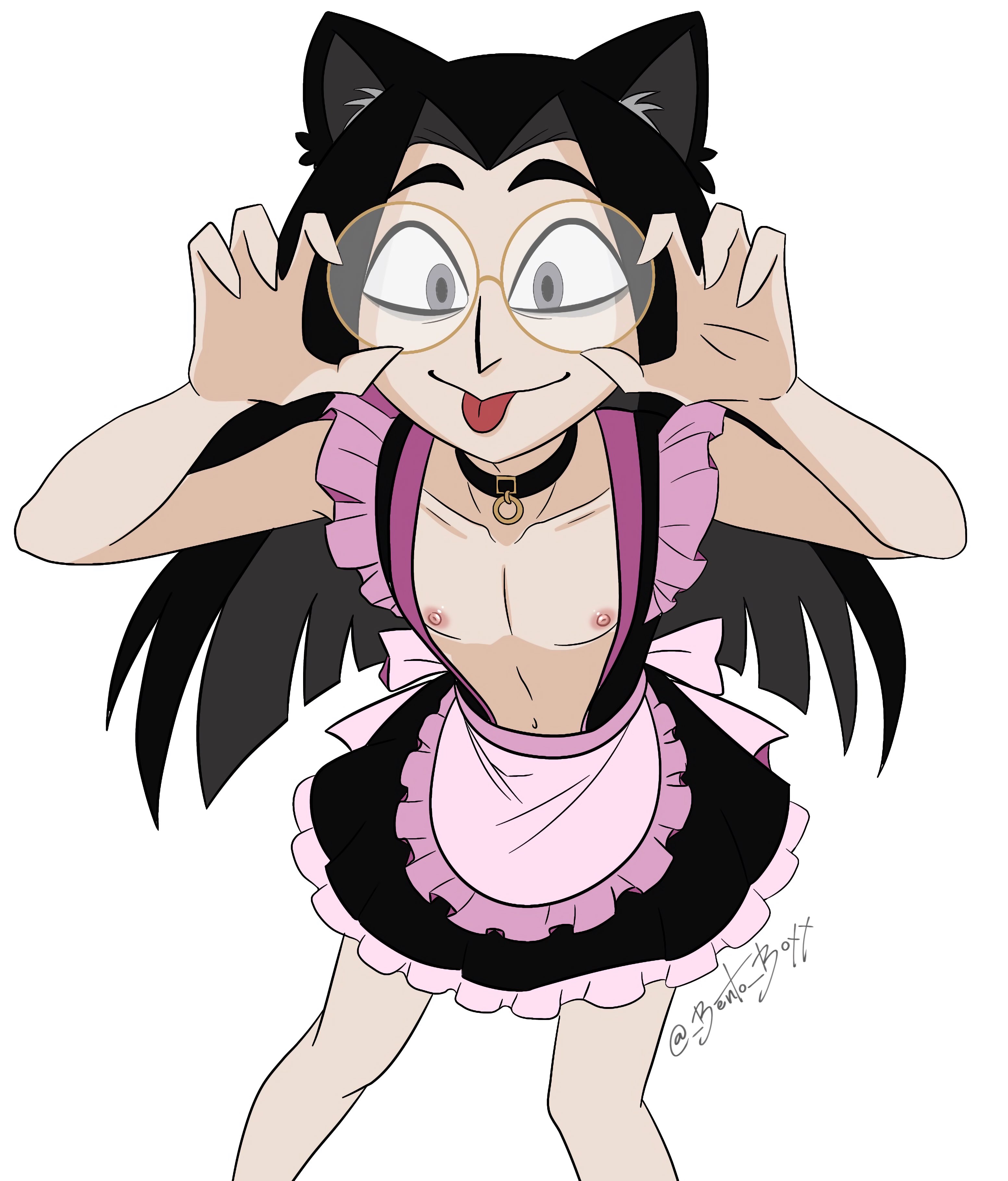 1boy, bento boxx, cat ears, choker, collar, hazbin hotel, maid dress, male, male only, nipples, nipples exposed, nipples out, pendleton (hazbin hotel), round glasses, sir pentious (hazbin hotel), sir pentious (human form), sticking out tongue