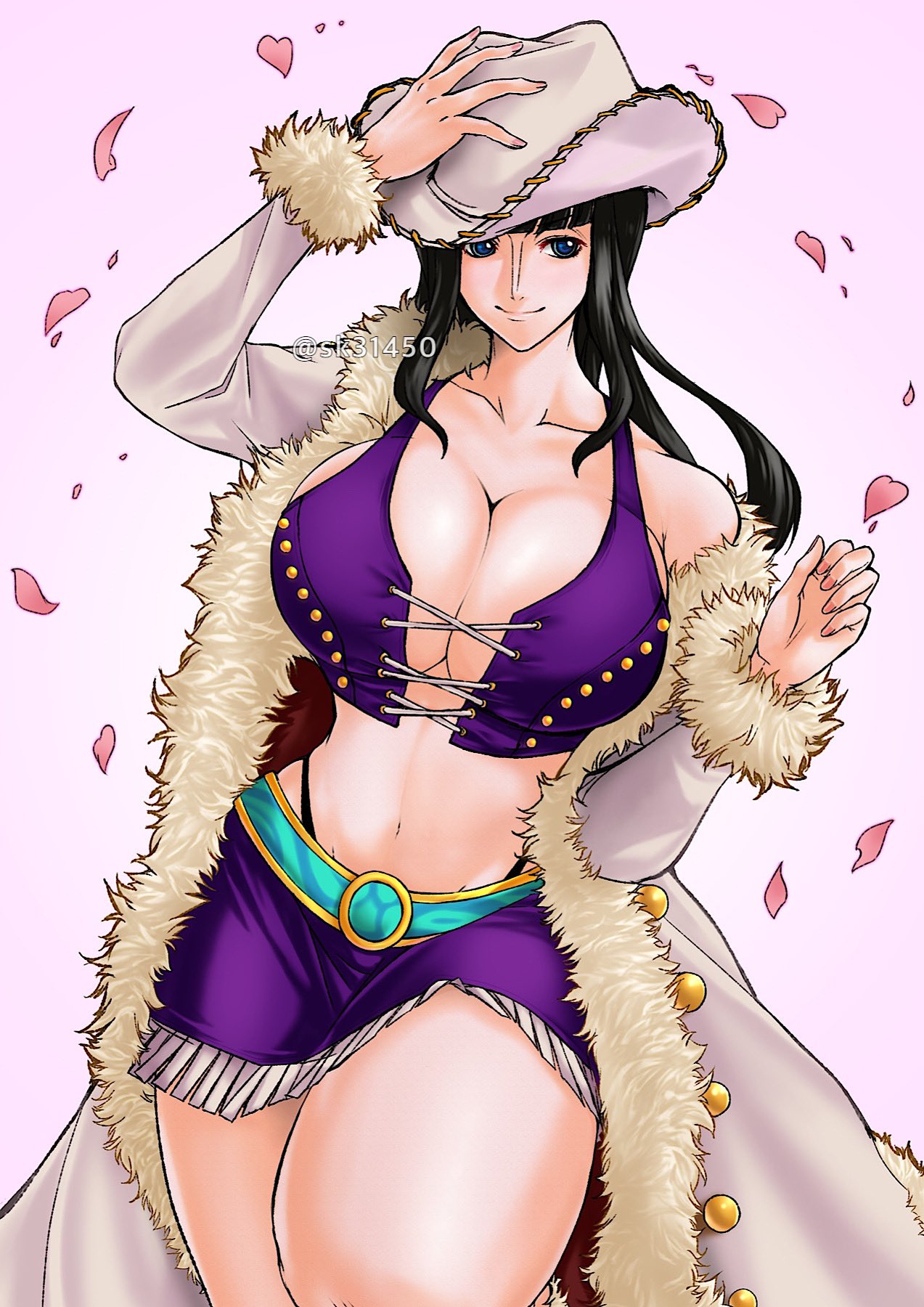 1girl, 1girls, barely contained, big breasts, black hair, black-haired female, blue eyes, bursting breasts, curvy female, female, female only, leaves, light skin, light-skinned female, linea alba, long hair, looking away, miss all sunday, nico robin, one piece, purple skirt, purple topwear, sk31450, smile, smiling, solo, solo female, straining clothing, thick thighs, tight clothes, tight clothing, undersized clothes, undersized clothing, white coat, white hat