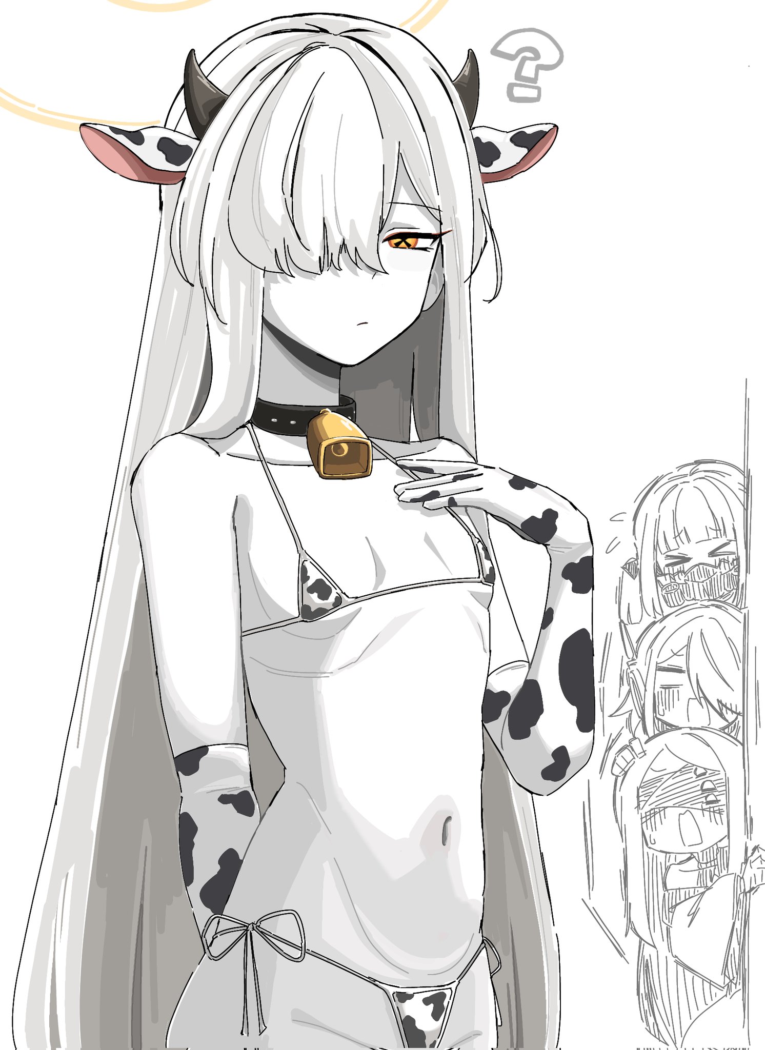  ,   ,    ,      ,       ,  () , ?, > <, 4girls, animal ears, animal print, arm behind back, bagaponchi, bare shoulders, bell, bikini, blue archive, breasts, closed mouth, colored skin, cow ears, cow horns, cow print, cow print bikini, cow print gloves, ein (blue archive), elbow gloves, gloves, hair over one eye, halo, highres, horns, long hair, malkuth (blue archive), multiple girls, navel, neck bell, ohr (blue archive), open mouth, print bikini, print gloves, siblings, sidetie bikini bottom, small breasts, sof (blue archive), solo focus, stomach, swimsuit, symbolshaped pupils, triplets, very long hair, white background, white hair, white skin, xshaped pupils, yellow halo