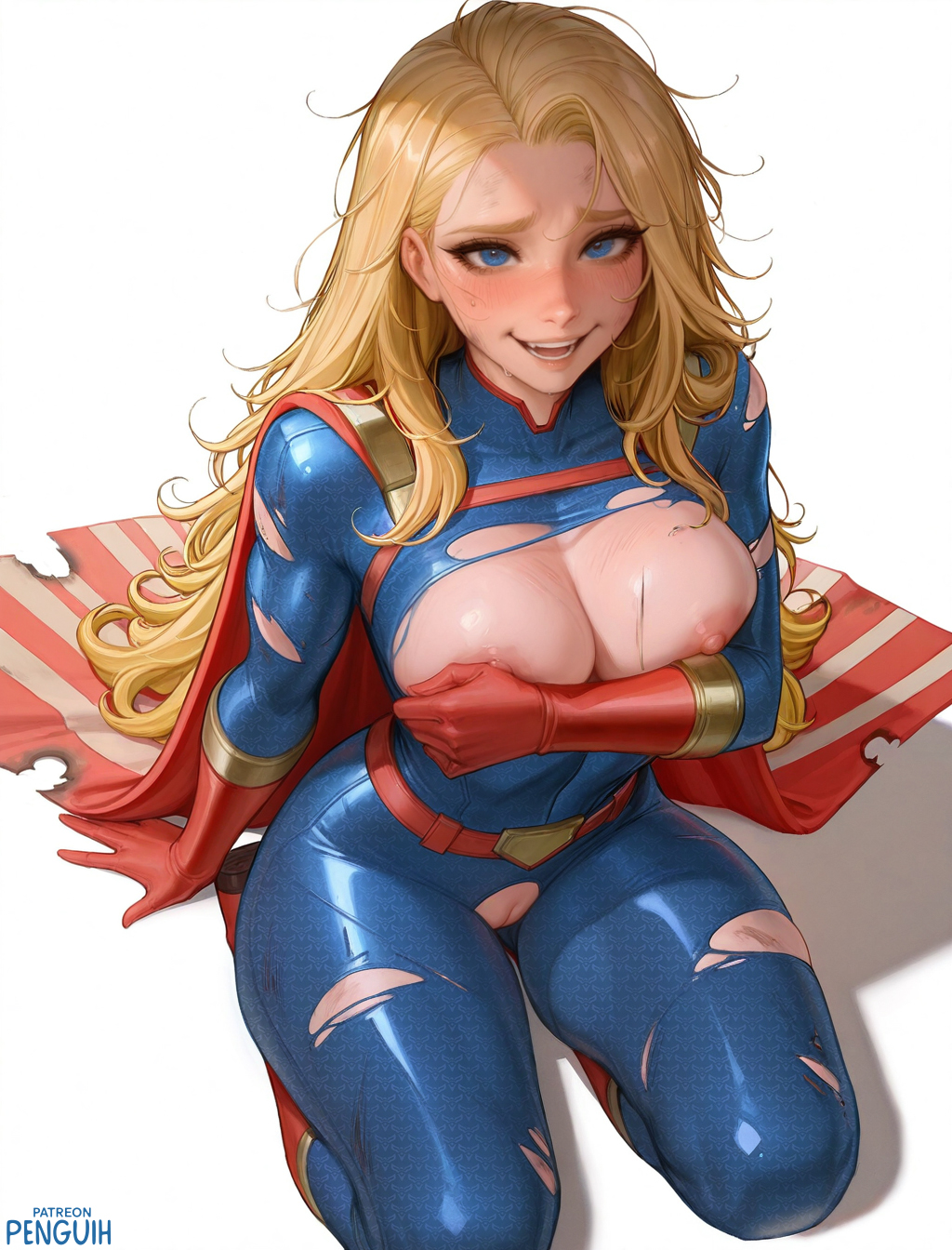 1boy, 1girls, ai assisted, ai generated, big breasts, blonde hair, blue eyes, bodysuit, breasts, breasts out, clothed, covering, covering breasts, crying, exposed breasts, exposed pussy, female, female focus, fully clothed, genderswap (mtf), homelander, large breasts, long hair, meme, on knees, open mouth, patreon username, penguih, pussy, ripped clothing, rule 63, scared, scene interpretation, scene reference, simple background, smile, submissive female, tears, the boys, thighs, torn clothes, white background