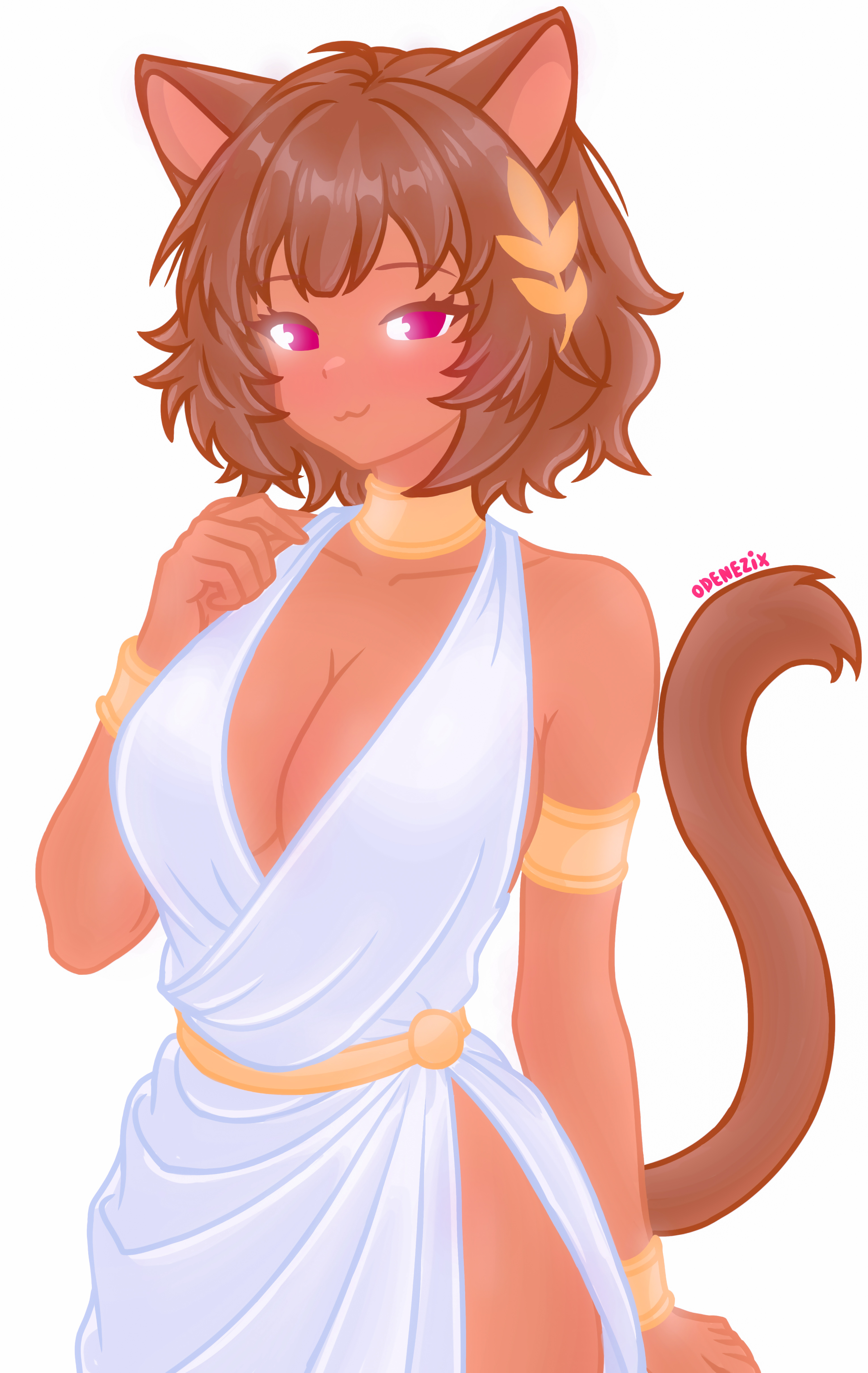 breasts, cat, cat ears, cat tail, catgirl, clothing, cute, cute face, dress, egyptian clothes, female, female focus, gameoverse, greco-roman clothes, kit (gameoverse), odenezix, simple background, solo, tagme, white dress