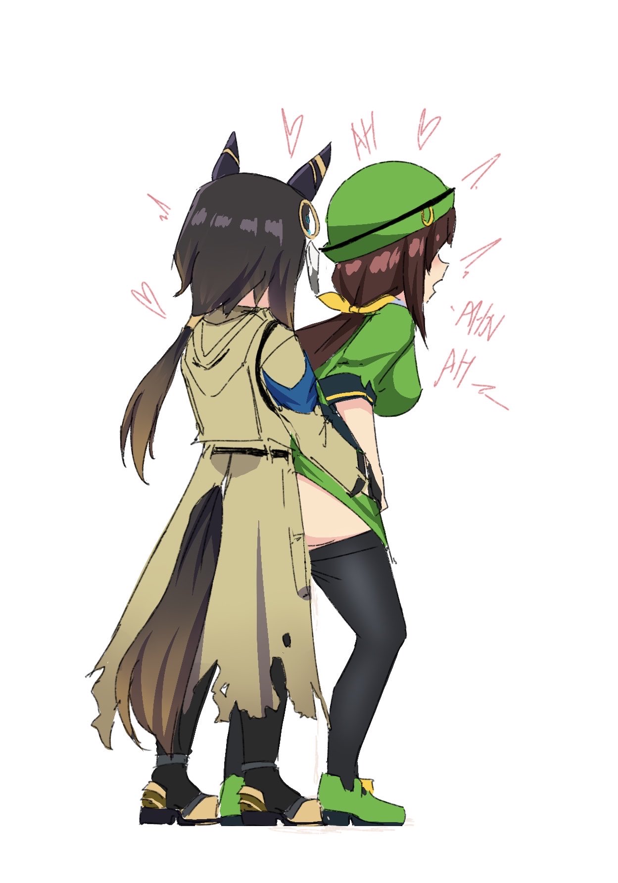 big penis, black hair, brown hair, clothed sex, futanari, grabbing from behind, grabbing hips, hayakawa tazuna, horse boy, horse ears, horse girl, horse tail, moaning, otoko no ko, standing, standing sex, stay gold (umamusume), the freakin' yui, umamusume