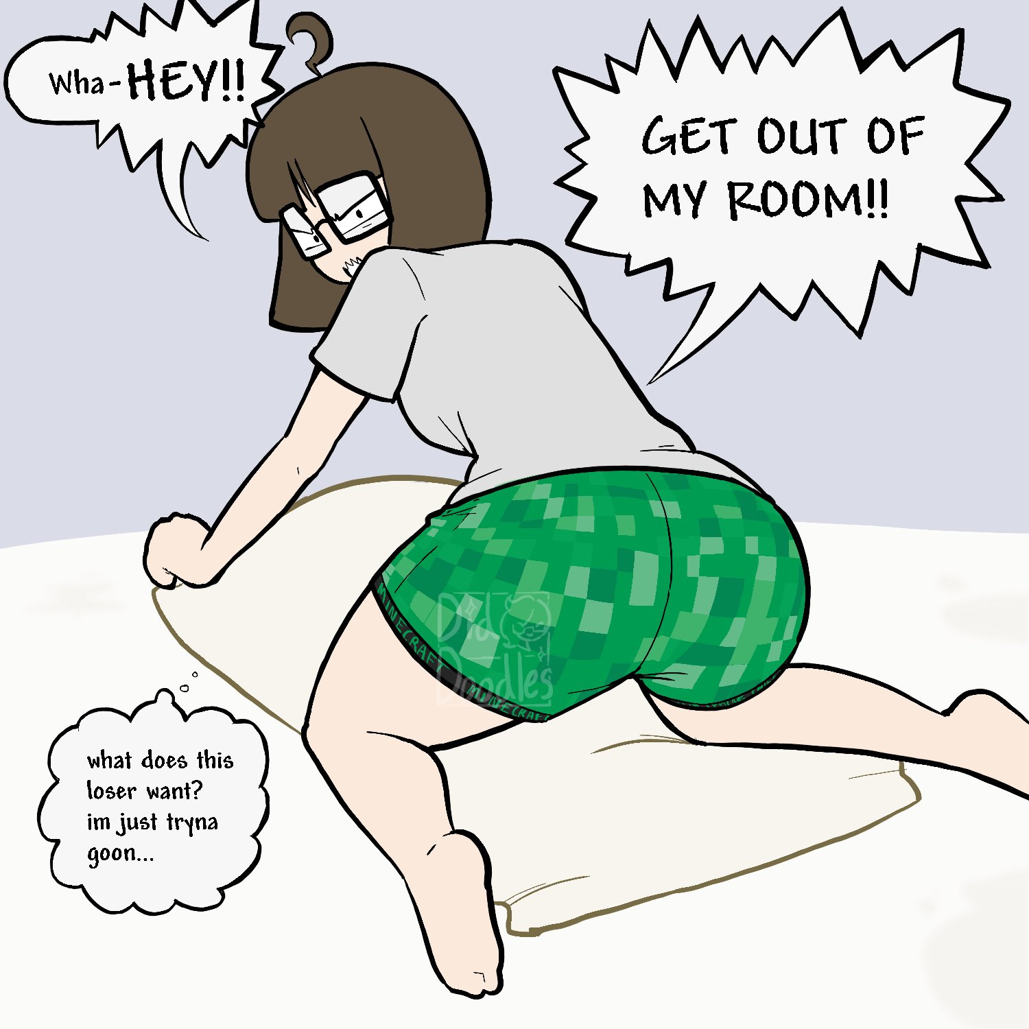 1girl, 1girls, ahoge, all fours, alternate ass size, alternate body type, alternate breast size, alternate version available, ass, ass focus, back, back view, backboob, bending over, bent over, big ass, big breasts, big butt, boxers, breasts, brown hair, brunette female, brunette hair, brunette-haired female, butt focus, caught staring, diddlesdoodles, english, english dialogue, english text, ethicalgooner2007 (kryptraider), female, glasses, large ass, large butt, looking at viewer, looking back, meme, meme attire, nerd, nerdy, nerdy female, on all fours, pale, pale skin, pale skinned female, pale-skin, pale-skinned female, pillow, shirt, short hair, shorts, speech bubble, square glasses, tagme, text bubble, white shirt, wide hips