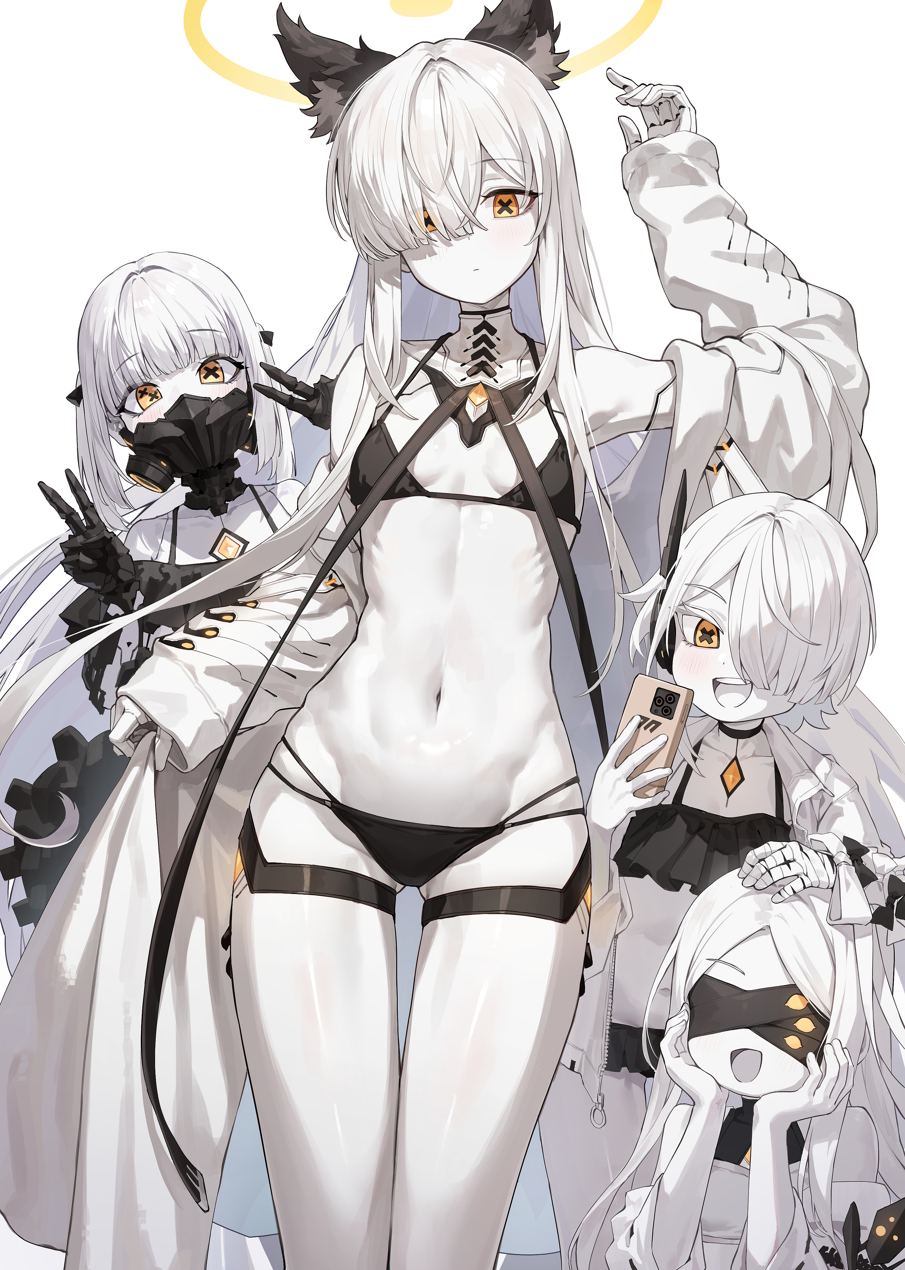 :d, 4girls, absurdres, alternate costume, animal ear fluff, animal ears, arm up, armpits, bandaged hand, bandages, bare legs, bare shoulders, bikini, black bikini, black bow, black choker, black ribbon, blindfold, blue archive, blunt ends, bow, breasts, cat ears, cellphone, choker, closed mouth, coat, collarbone, colored skin, cowboy shot, detached collar, detached sleeves, double v, earpiece, ein (blue archive), forehead, gem, gluteal fold, groin, hair intakes, hair over one eye, hair ribbon, halo, hand on another's head, hand up, hands on own cheeks, hands on own face, hands up, highres, hip bones, holding, holding phone, jacket, kemonomimi mode, kokukyukeo, lifting own clothes, light blush, linea alba, long bangs, long hair, long sidelocks, long sleeves, looking at viewer, malkuth (blue archive), mask, mechanical arms, mechanical tail, medium hair, millennium science school logo, multiple girls, navel, off shoulder, offshoulder bikini, ohr (blue archive), open clothes, open coat, open jacket, open mouth, parted bangs, phone, respirator, ribbon, ribs, ruffle bikini, short hair, short twintails, siblings, sidelocks, simple background, sisters, sleeves past wrists, small breasts, smartphone, smile, sof (blue archive), squatting, standing, stomach, swimsuit, symbolshaped pupils, tail, teeth, thigh gap, thigh strap, thighs, tongue, turtleneck, twintails, upper teeth only, v, very long hair, white background, white bikini, white bow, white coat, white jacket, white skin, white sleeves, yellow gem, yellow halo, zipper, zipper pull tab