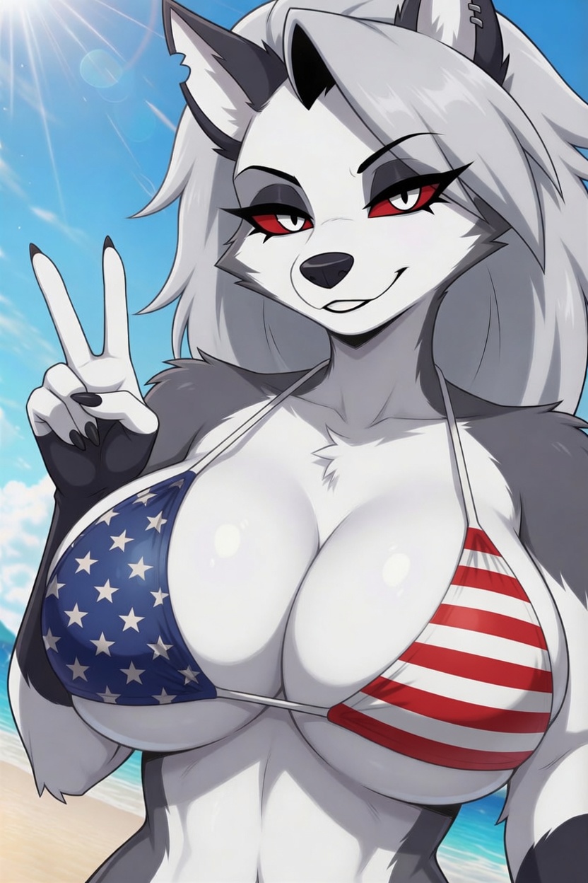 1girls, ai generated, american flag bikini, beach, bikini, female, female focus, grey fur, helluva boss, looking at viewer, loona (helluva boss), mildlyflirty, peace sign, red sclera, solo, tagme, white eyes, white fur, white hair, wolf, wolf ears, wolf girl, wolf humanoid