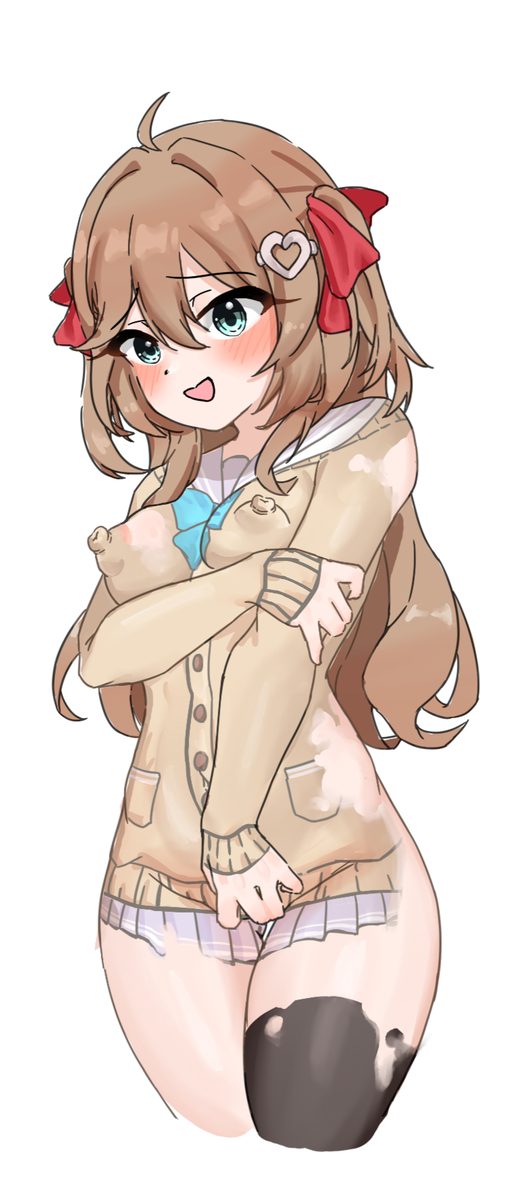 blue eyes, blush, bodypaint, bow, brown hair, covering self, embarrassed, embarrassed nude female, erect nipples, female, hair ornament, hand covering pussy, indie virtual youtuber, neuro-sama, painted clothes, solo, tagme, twintails, virtual youtuber, vtuber