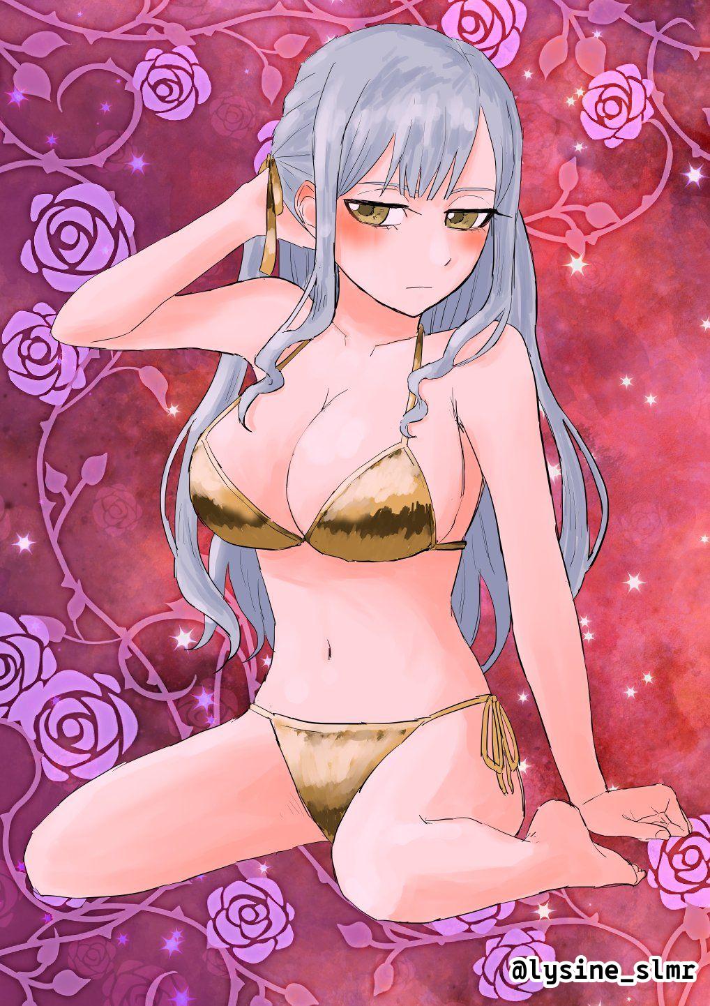 1girls solo female_only female female_focus long_hair elbows collarbone shoulders fingers cleavage large_breasts breasts midriff belly navel belly_button thighs legs knees calves feet groin slim_waist slim_female narrow_waist slender_waist slender_body lean_figure full_body highres high_resolution sitting looking_at_viewer digital digital_media digital_art digital_drawing digital_media_(artwork) digital_drawing_(artwork) 2d 2d_(artwork) 2d_artwork drawing grey_hair grey-haired_female silver_hair silver-haired_female silver_hair_female yellow_eyes yellow-eyed_female tilted_head head_tilt frown frowning scowl frown_eyebrows frowning_at_viewer hand_behind_head arm_behind_head hand_on_head hand_on_hair hand_on_own_head hand_on_own_hair touching_head touching_hair blushing flushed blushing_female blush_face flushed_face blushing_at_viewer embarrassed ashamed embarrassed_female embarrassed_expression flustered flustered_female nude naked nudity naked_female nude_female exposed naked_woman half_naked half_nude semi_nude partially_undressed busty busty_female busty_girl large_boobs big_breasts big_boobs bikini swimsuit swimwear bikini_top bikini_bottom gold_bikini gold_swimsuit gold_swimwear gold_bikini_top gold_bikini_bottom string_bikini bikini_only halterneck side-tie_bikini arm_support sitting_on_knees seiza legs_folded sitting_on_ass wariza sitting_on_ground sitting_on_floor bare_skin bare_shoulders bare_chest bare_arms bare_armpits bare_hands bare_midriff bare_belly bare_navel bare_hips bare_thighs bare_legs bare_knees bare_calves barefoot bare_toes exposed_skin exposed_shoulders exposed_chest exposed_arms exposed_armpits exposed_midriff exposed_belly exposed_navel exposed_hips exposed_thighs exposed_legs exposed_toes lysine_slmr one_side_up character_request red_background