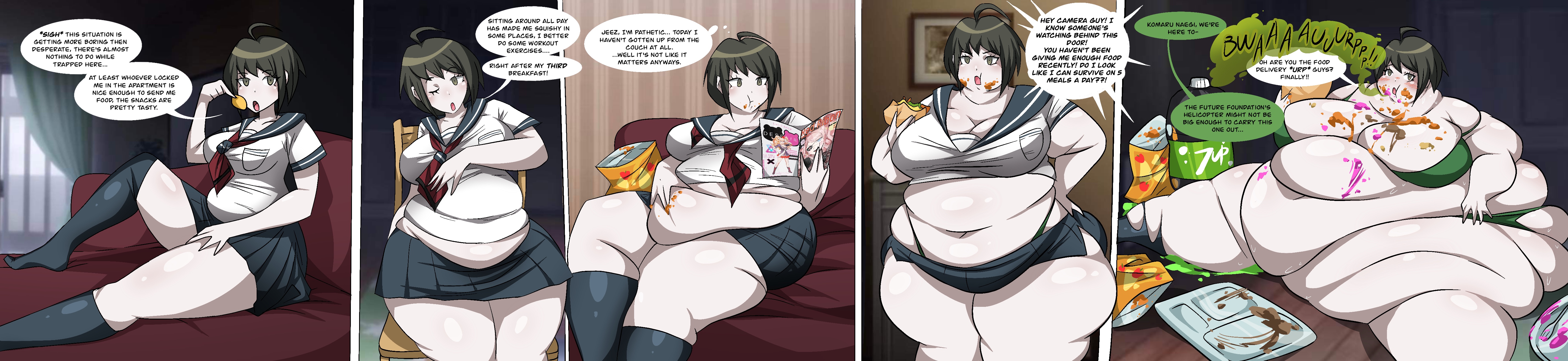 ass, ass expansion, assthethick, bbw, belch, belching, belly, belly expansion, belly overhang, big ass, big belly, big breasts, bloated, bloated belly, bloated stomach, blonde hair, body growth (enlargement), breast expansion, breast growth (enlargement), breasts, bubble ass, bubble butt, burp, burp cloud, burp fetish, burping, chubby, chubby female, chubby male, comic, danganronpa, dialogue, digital media (artwork), english text, fat, fat ass, female, female focus, gluttony, huge ass, huge breasts, huge thighs, hyper fat, hyper thighs, junko enoshima, komaru naegi, large ass, large breasts, magazine, magazine (object), morbidly obese, morbidly obese female, naegi komaru, obese, overweight, overweight female, ripped clothing, ripped pants, ripped shirt, school uniform, slob, slobification, ssbbw, thick thighs, weight gain, weight gain female, weight gain sequence