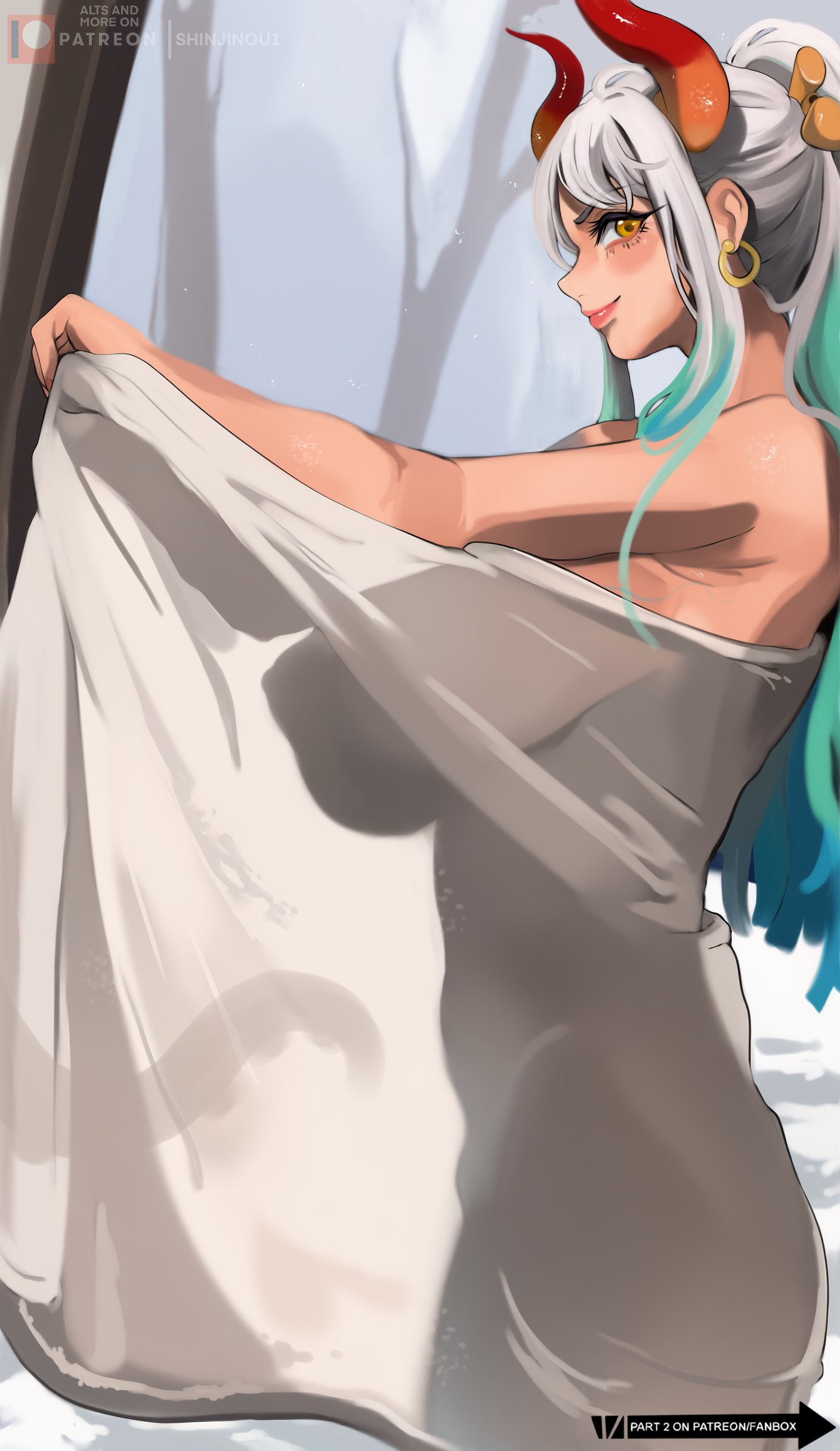 1girls, bath, blush, body outline, curvy, female, female only, from side, huge breasts, nipple outline, octopus, octopus tentacle, one piece, paid reward available, shinjinou, smile, thick thighs, towel, towel only, two-tone hair, watermark, white hair, white-haired female, wide hips, yamato (one piece)