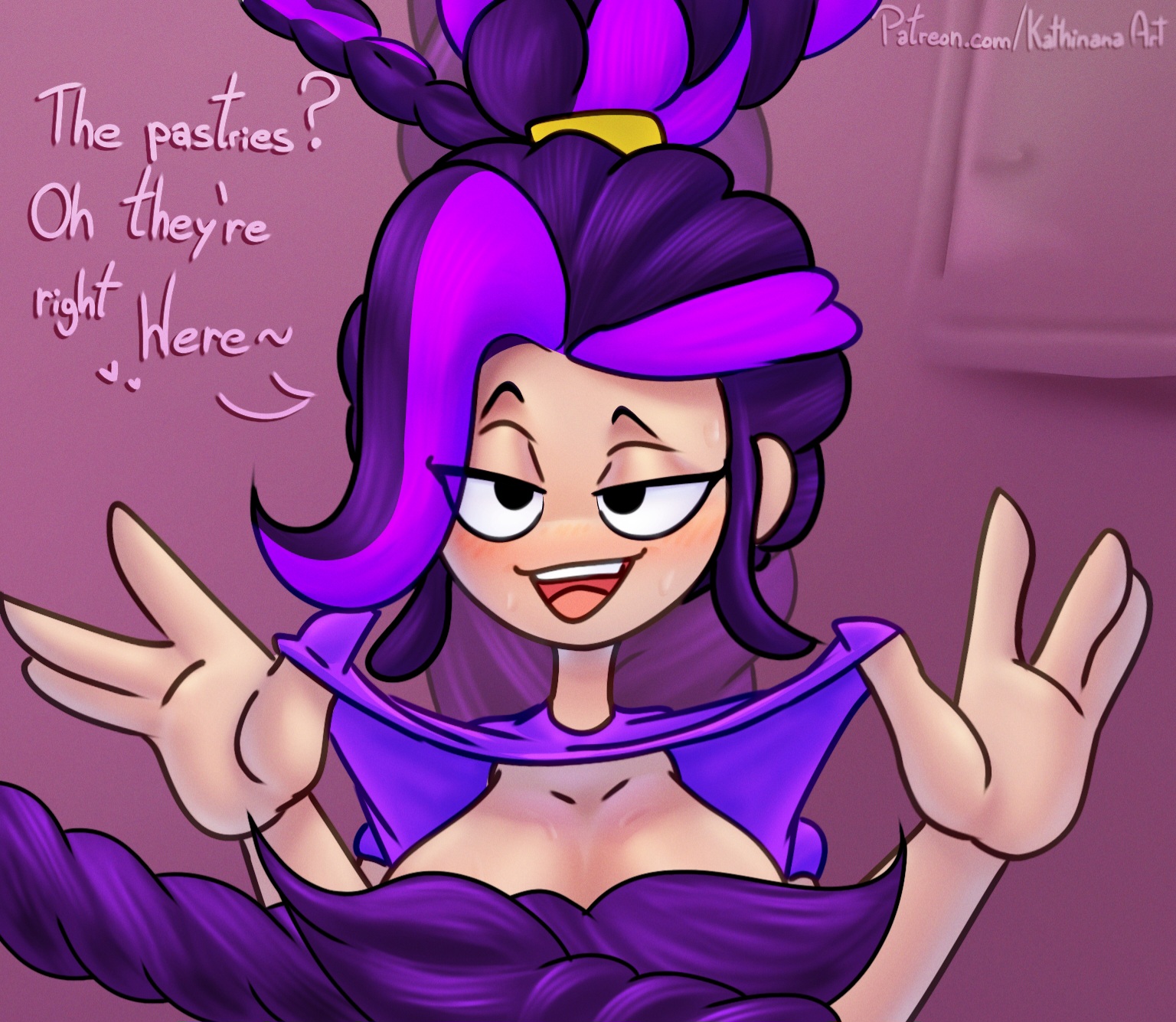 blush, censored, kathiana art, lifting shirt, lily lovebraids, mob entertainment, patreon, patreon exclusive, patreon only post, poppy playtime, poppy playtime (chapter 5), purple hair, seductive look, seductive smile, showing off, text