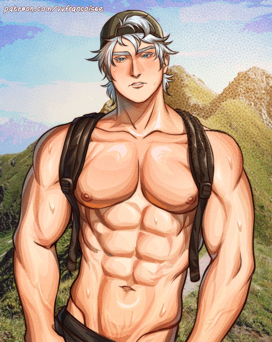 backwards baseball cap, bara, big pecs, blue eyes, frat boy, gay, jujutsu kaisen, male, male only, muscular, muscular male, satoru gojo, solo, vaile valley, white hair