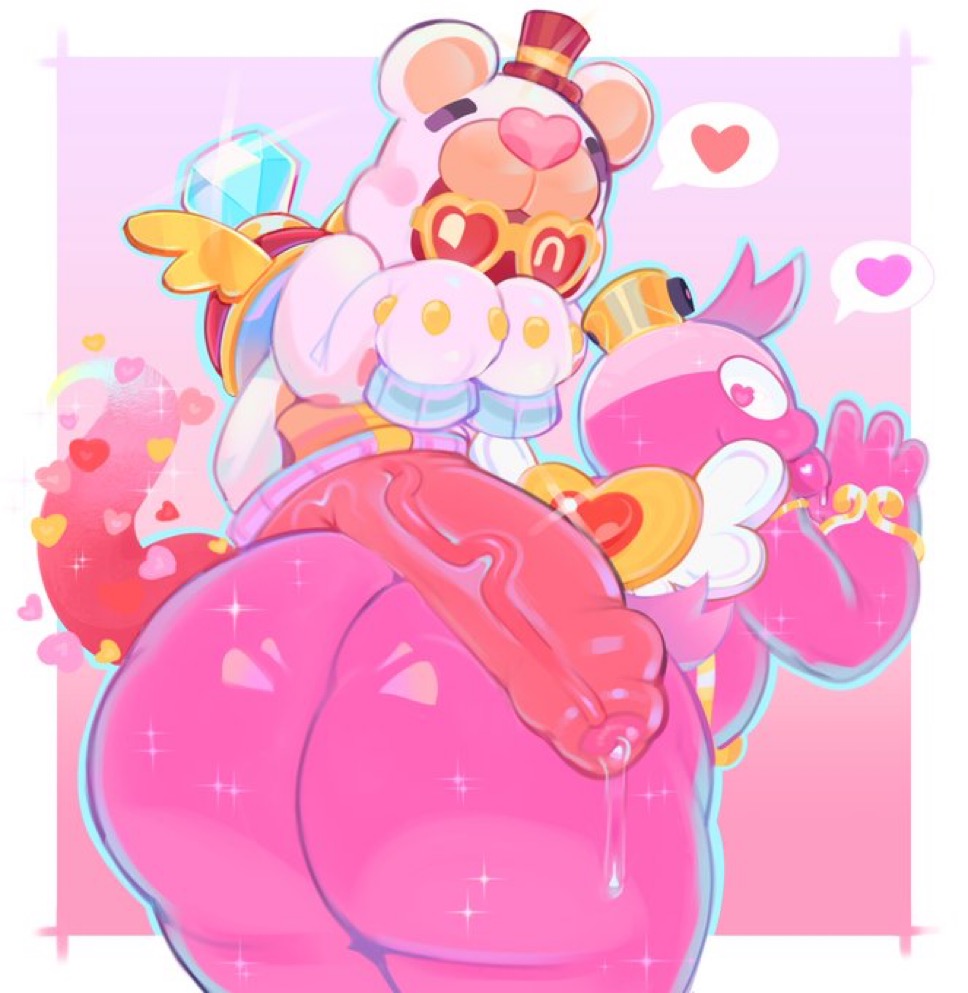 ass, ass focus, brawl stars, brawlentines, bubble butt, ghost, heart, heart-shaped pupils, huge ass, huge cock, looking at viewer, looking back, love potion squeak (brawl stars), male/male, non-human, penis, pochiiwa, shade (brawl stars), squeak (brawl stars), supercell, valentine's day, veiny penis
