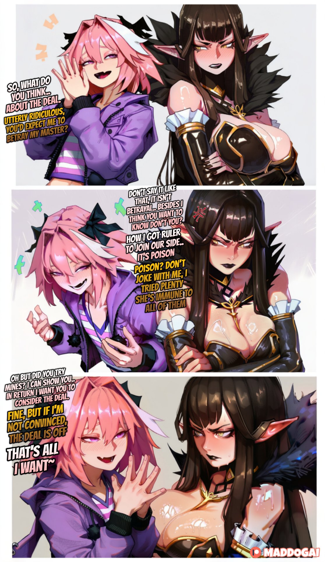 1boy, 1female, 1femboy, ai generated, astolfo (fate), brown hair, closed eyes, collar, fate (series), fate/apocrypha, fate/grand order, gloves, hair, long hair, maddogai, pink hair, pointy ears, semiramis (fate), shiny skin, smile, smiling, sweat, sweatdrop, sweating, sweaty, sweaty bod, tagme, v sign, very long hair, watermark, wet, wet body