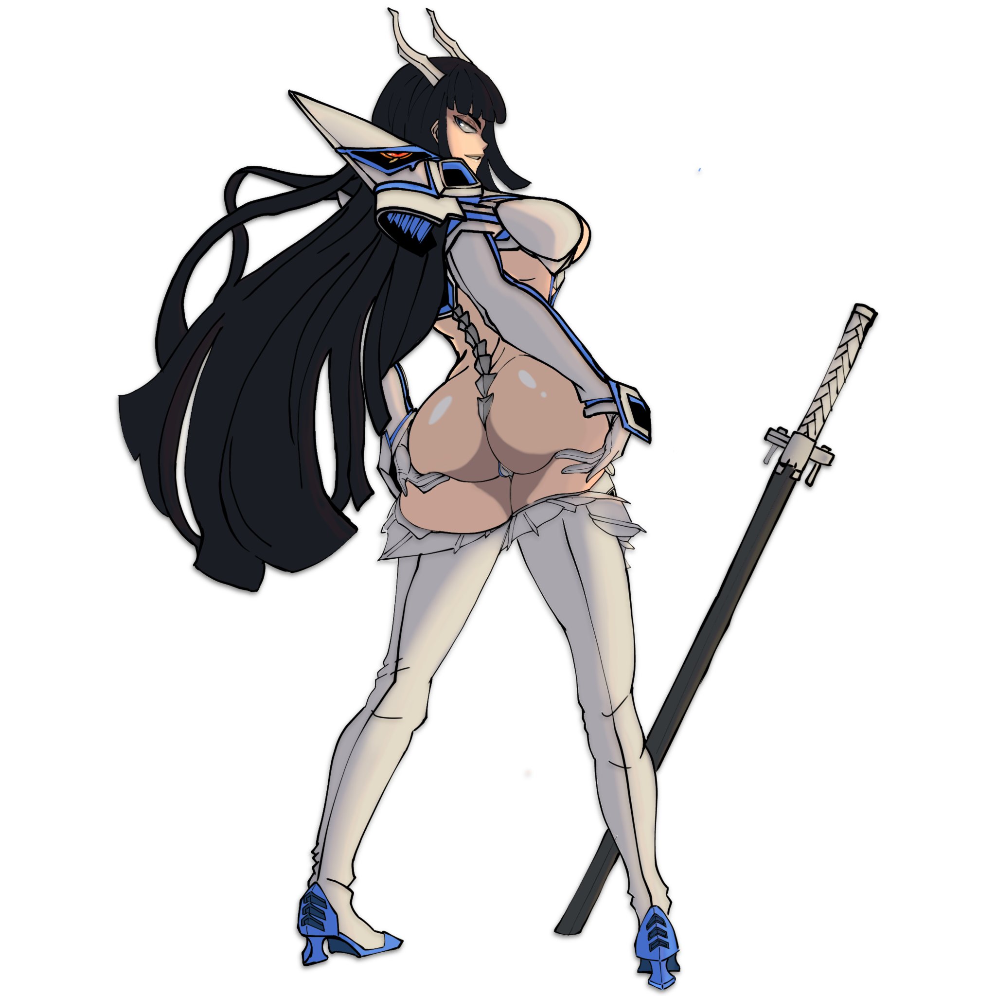 1girls, ass, ass focus, big ass, black hair, boobs and butt pose, breasts, butt focus, exposed ass, female, from behind, grabbing own ass, hands on ass, high heels, junketsu, kill la kill, kiryuuin satsuki, long gloves, long hair, looking at viewer, looking back, master dcj, seductive, sexy pose, skimpy clothes, smirk, solo, solo female, thighhighs, thighs