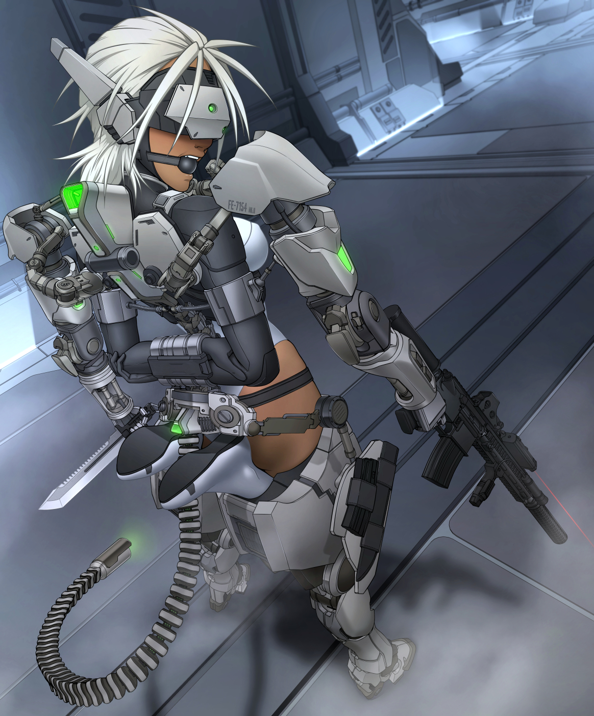 1girls, arms behind back, ball gag, bondage, bound, bound arms, bound legs, exoskeleton, exosuit, female, female only, femsub, frogtie, gag, gagged, gun, legs bent, leotard, machine bondage, mecha, mecha bondage, mechanical fixation, robot, shio-bari, standing, steel bondage, visor