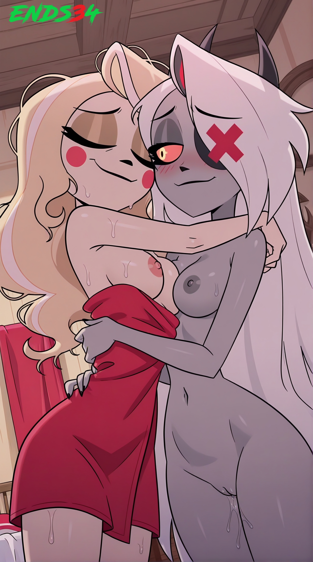 2girls, ai generated, charlie morningstar (hazbin hotel), ends34, female, female only, grey body, hazbin hotel, light-skinned female, long hair, medium breasts, standing, vaggie (hazbin hotel), yuri