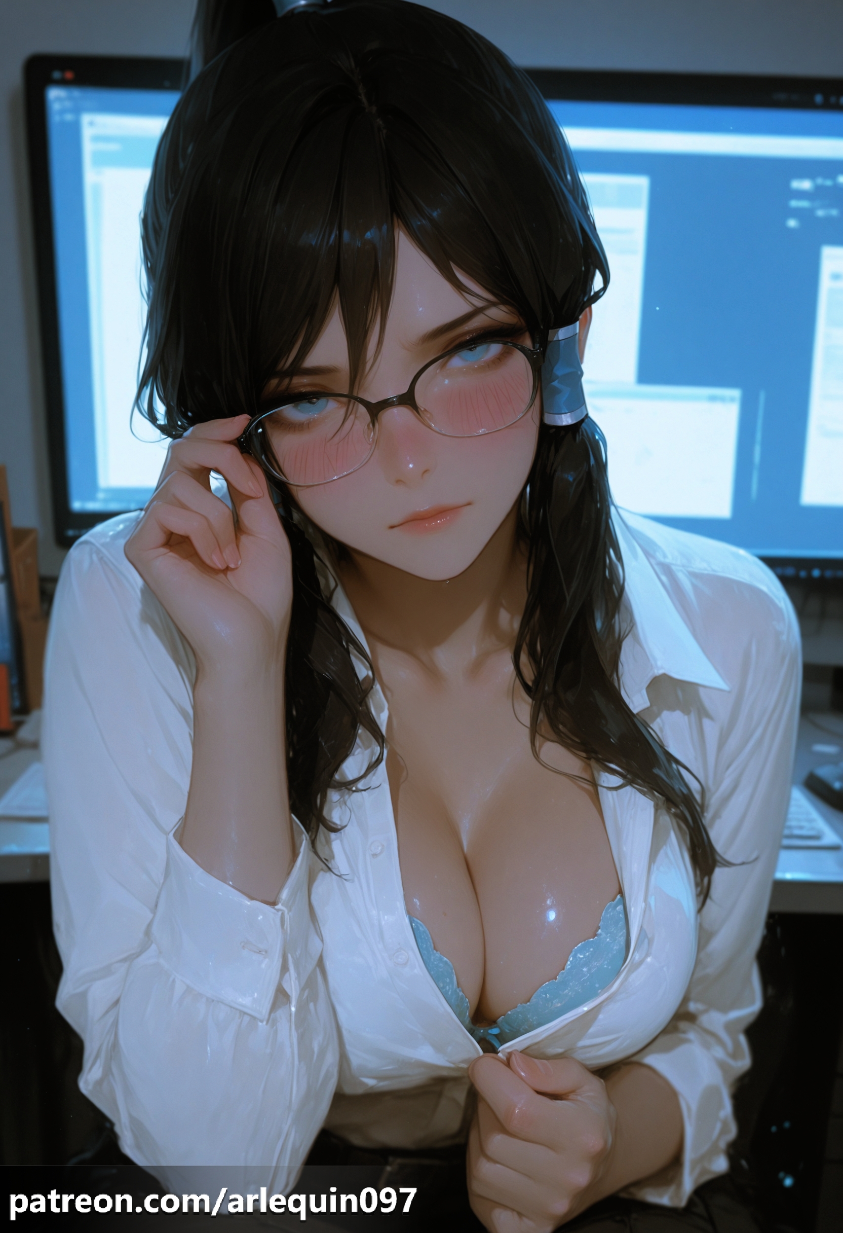 1girls, adjusting eyewear, ai generated, arlequin097, bangs, black hair, black-framed eyewear, blue bra, blue eyes, blush, bra, breasts, brown hair, cleavage, closed mouth, clothes pull, collarbone, collared shirt, computer, dress shirt, female, female only, fingernails, glasses, hair tubes, indoors, korra, large breasts, lips, long hair, long sleeves, looking at viewer, monitor, office lady, open clothes, open shirt, partially unbuttoned, shiny, shiny skin, shirt, sidelocks, sitting, skirt, solo, sweat, the legend of korra, underwear, upper body, web address, white shirt, whitewashed