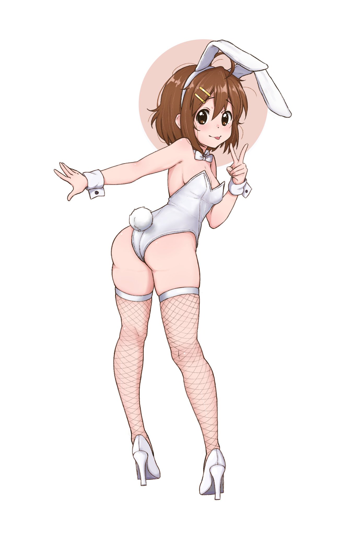 2026, andrey pavlow, ass, brown eyes, brown hair, bunnysuit, cotton tail, cuffs (clothing), female, female only, fishnets, hair clips, hair ornament, k-on!, looking at viewer, medium breasts, pale-skinned female, peace sign, simple background, sticking out tongue, thick thighs, thighs, white bow, white bunnysuit, white heels, yui hirasawa (k-on!)