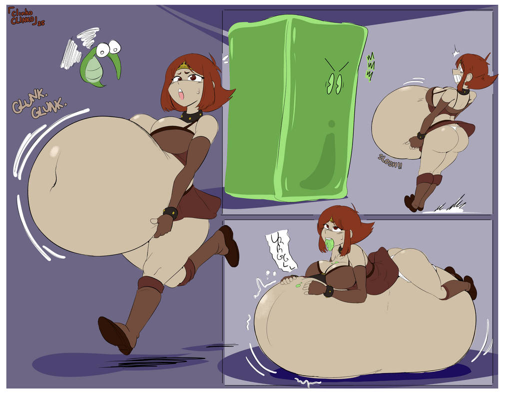 bellagarth the brave, burgerkurger, clinkoclinko, comic, fat, overweight, red hair, running, scared, sequence, simple background, slime, vore